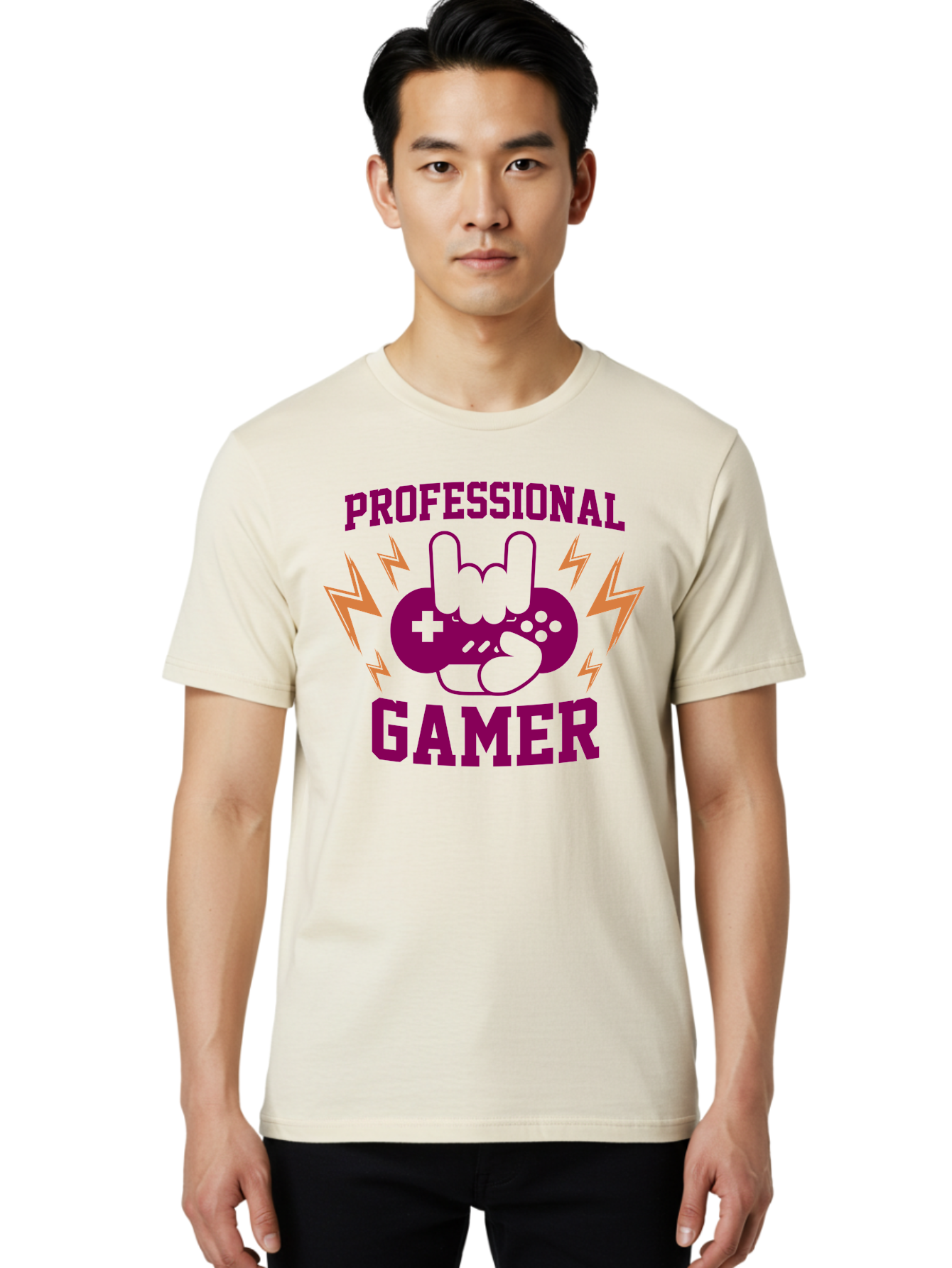Professional-Gamer Men'S Graphic Tee, 100% Cotton, Comfortable Casual Summer Wear, Machine Washable, Professional Gamer, Gaming Logo, Video Game Controller, Rock On Hand Sign, Esports Branding, Gaming Culture, Purple And Green Graphics, - Aaa658