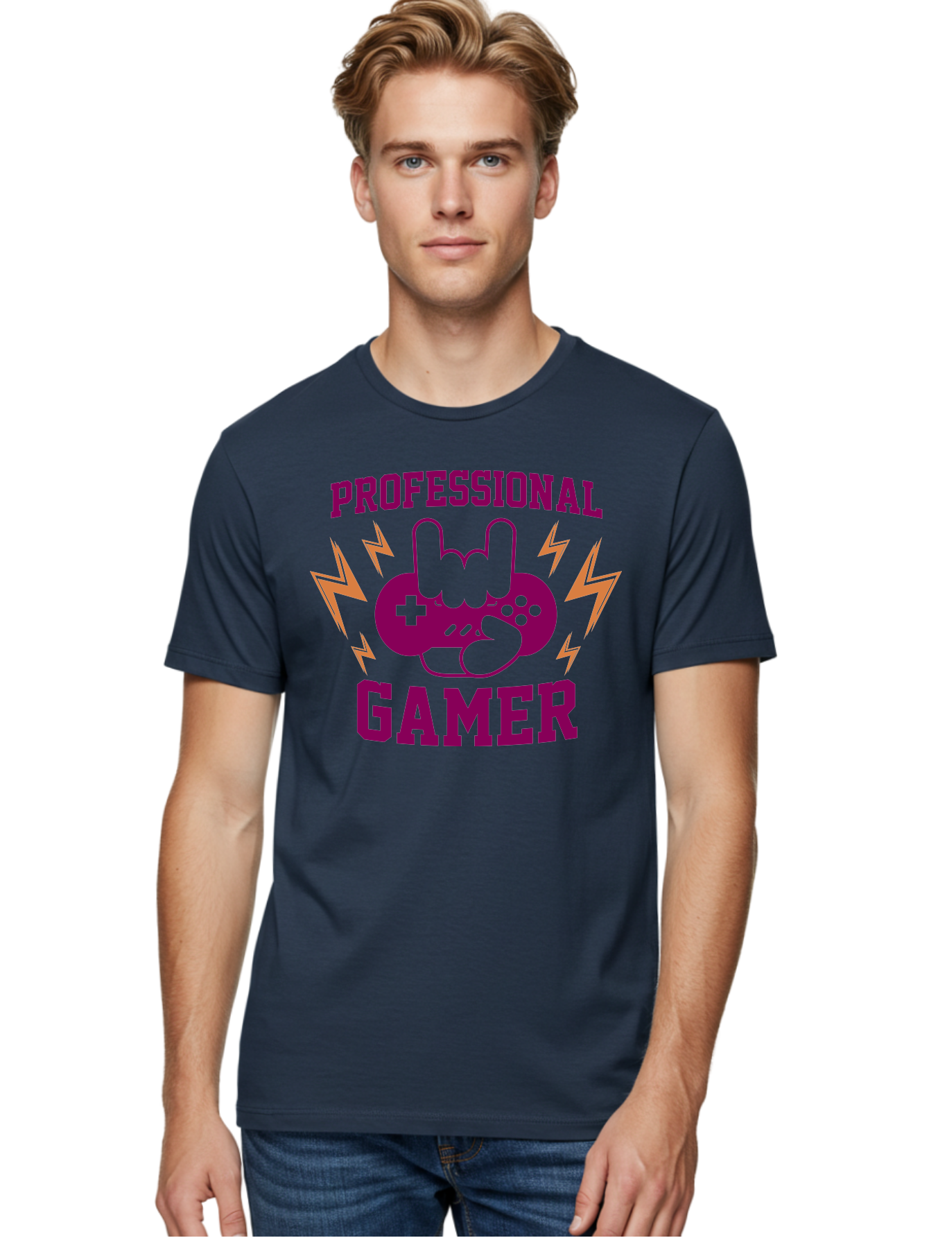 Professional-Gamer Men'S Graphic Tee, 100% Cotton, Comfortable Casual Summer Wear, Machine Washable, Professional Gamer, Gaming Logo, Video Game Controller, Rock On Hand Sign, Esports Branding, Gaming Culture, Purple And Green Graphics, - Aaa658