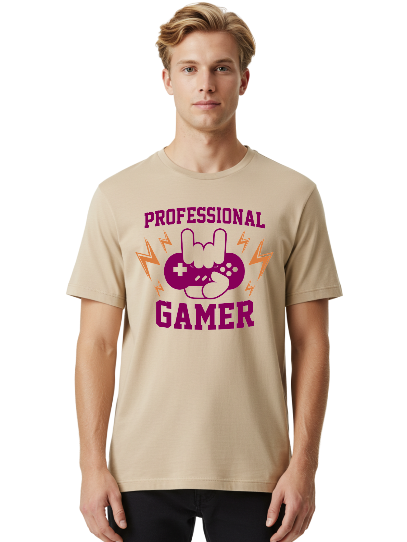 Professional-Gamer Men'S Graphic Tee, 100% Cotton, Comfortable Casual Summer Wear, Machine Washable, Professional Gamer, Gaming Logo, Video Game Controller, Rock On Hand Sign, Esports Branding, Gaming Culture, Purple And Green Graphics, - Aaa658
