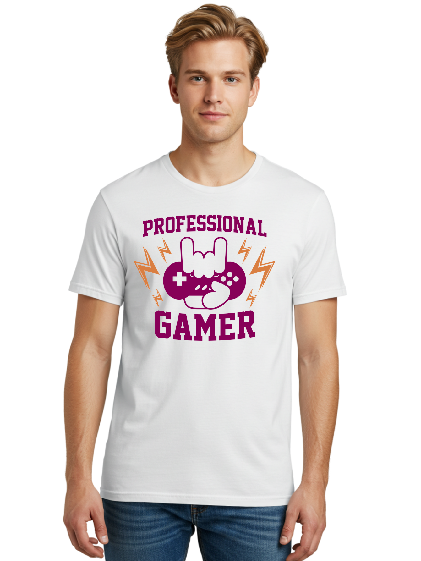 Professional-Gamer Men'S Graphic Tee, 100% Cotton, Comfortable Casual Summer Wear, Machine Washable, Professional Gamer, Gaming Logo, Video Game Controller, Rock On Hand Sign, Esports Branding, Gaming Culture, Purple And Green Graphics, - Aaa658