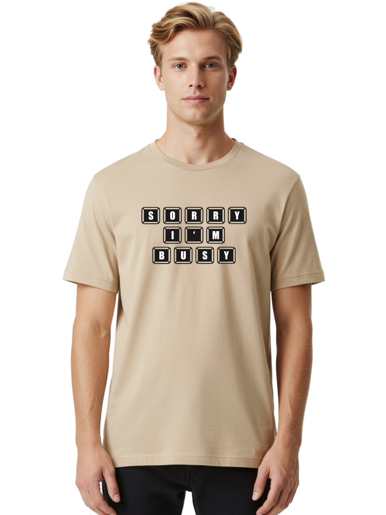 Sorry-I-M-Busy Men'S Graphic Tee, 100% Cotton, Comfortable Casual Summer Wear, Machine Washable, Keyboard Keys, Sorry Message, Busy Status, Retro Computer, Nostalgic Design, Typing Layout, Simple Font, Tech Graphics, Computer Nostalgia, - Aaa659