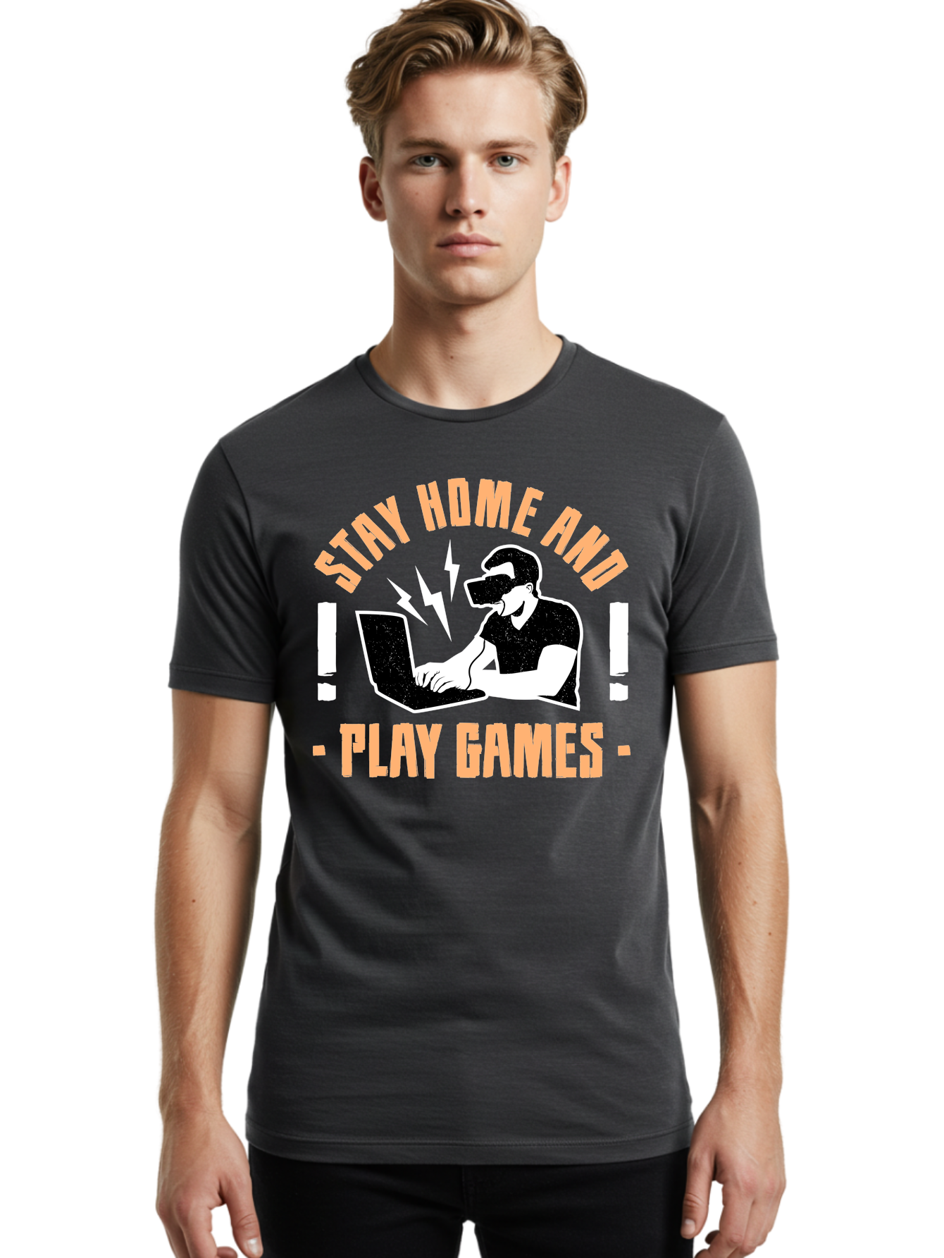 Stay-Home-And-Play-Games Men'S Graphic Tee, 100% Cotton, Comfortable Casual Summer Wear, Machine Washable, Gamer Playing Games On Laptop, Virtual Reality Gaming, Online Gaming, Stay Home Message, Gaming Promotion, Vr Headset - Aaa661