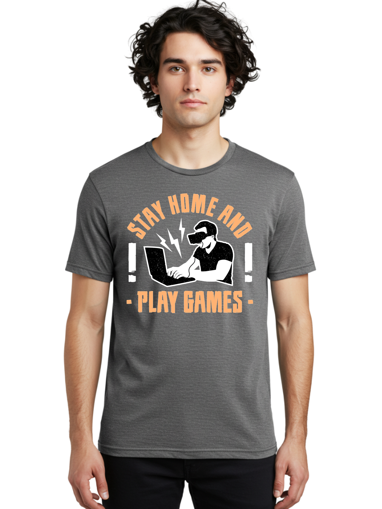 Stay-Home-And-Play-Games Men'S Graphic Tee, 100% Cotton, Comfortable Casual Summer Wear, Machine Washable, Gamer Playing Games On Laptop, Virtual Reality Gaming, Online Gaming, Stay Home Message, Gaming Promotion, Vr Headset - Aaa661