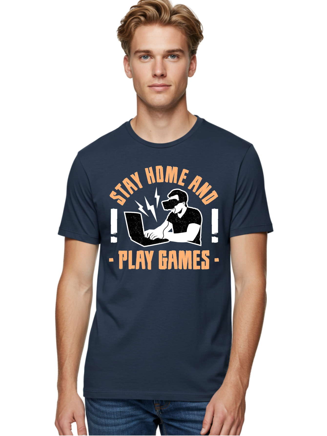 Stay-Home-And-Play-Games Men'S Graphic Tee, 100% Cotton, Comfortable Casual Summer Wear, Machine Washable, Gamer Playing Games On Laptop, Virtual Reality Gaming, Online Gaming, Stay Home Message, Gaming Promotion, Vr Headset - Aaa661