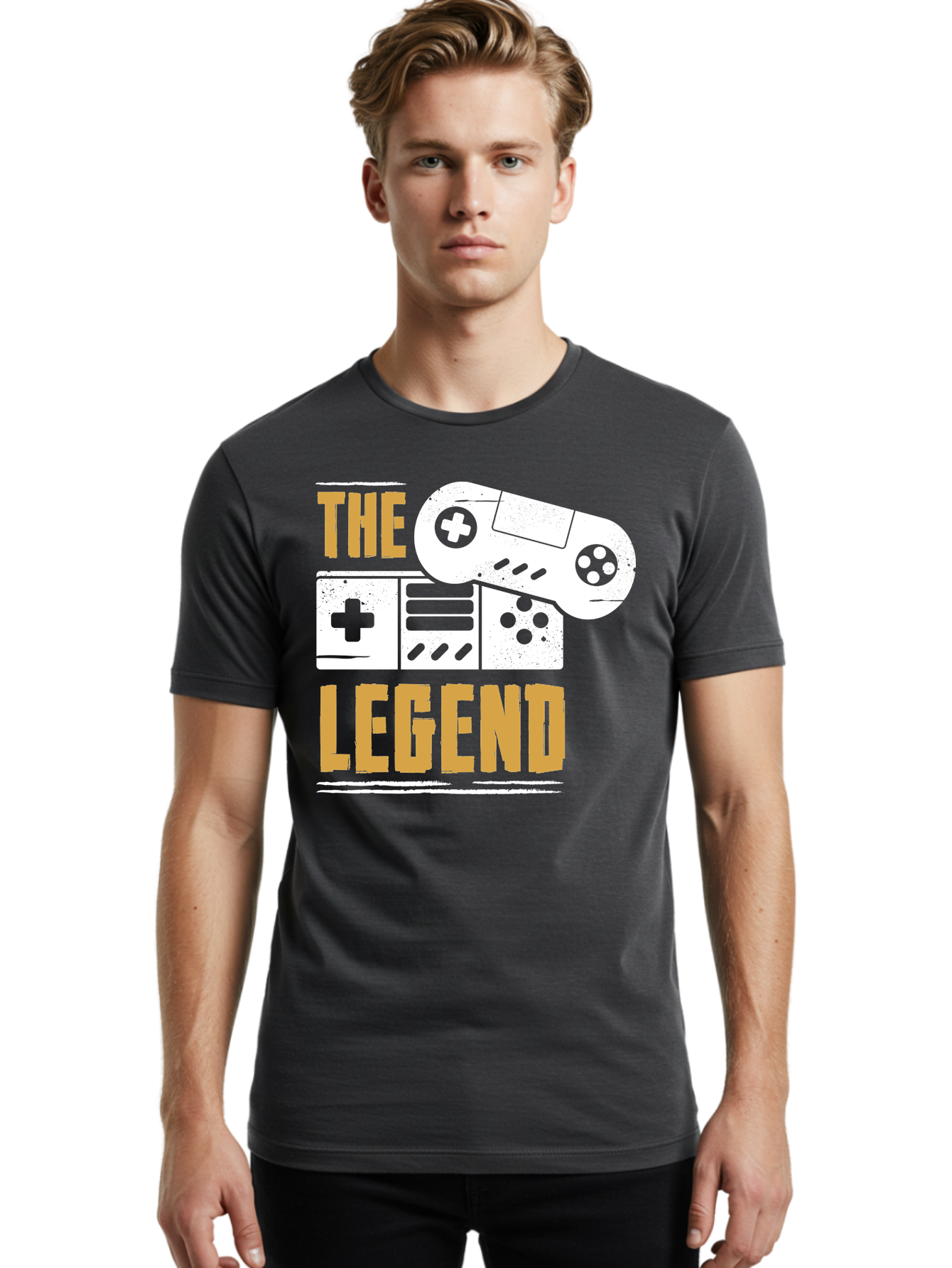 The-Legend Men'S Graphic Tee, 100% Cotton, Comfortable Casual Summer Wear, Machine Washable, Vintage Game Controller, Retro Gaming, Nostalgic Feel, Classic Video Games, Gaming Culture, Retro Tech, Pixel Art, Gaming Nostalgia - Aaa664