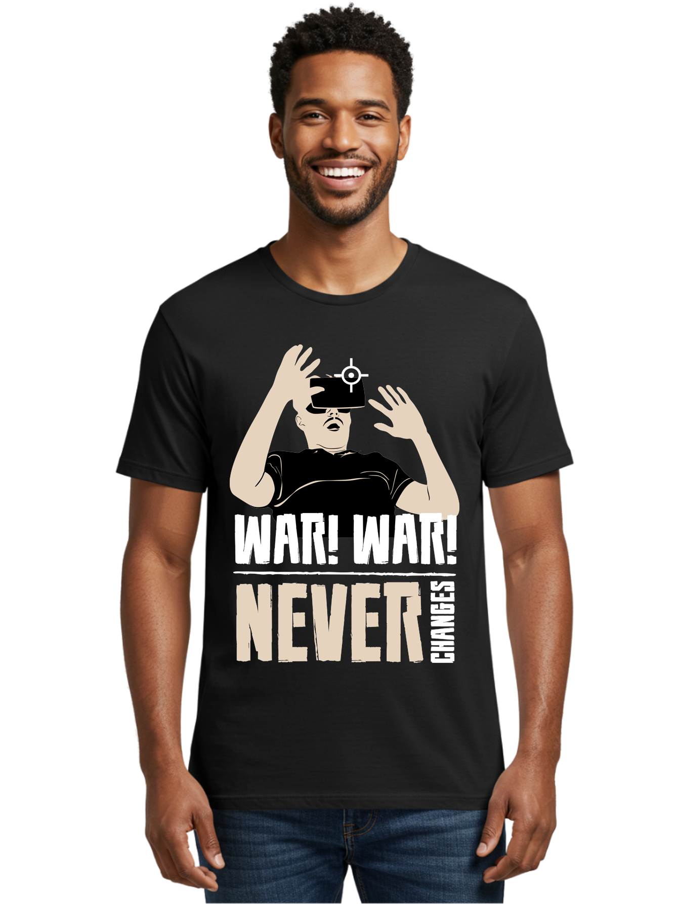 War-War-Never-Changes Men'S Graphic Tee, 100% Cotton, Comfortable Casual Summer Wear, Machine Washable, Man Wearing Vr Headset, Futuristic Technology, Gaming Experience, Immersive Reality, Bold Typography, Contrasting Colors, - Aaa666