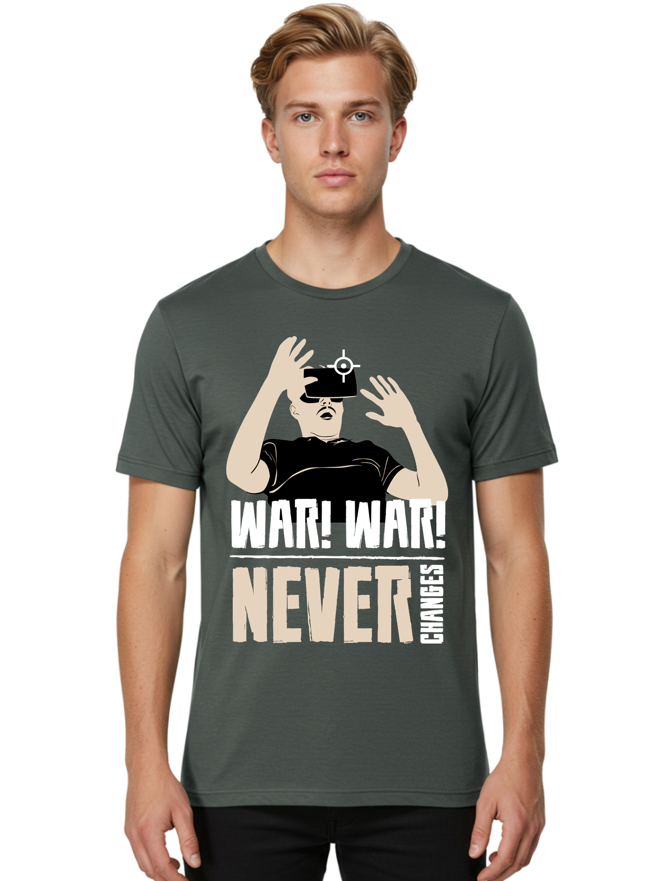 War-War-Never-Changes Men'S Graphic Tee, 100% Cotton, Comfortable Casual Summer Wear, Machine Washable, Man Wearing Vr Headset, Futuristic Technology, Gaming Experience, Immersive Reality, Bold Typography, Contrasting Colors, - Aaa666