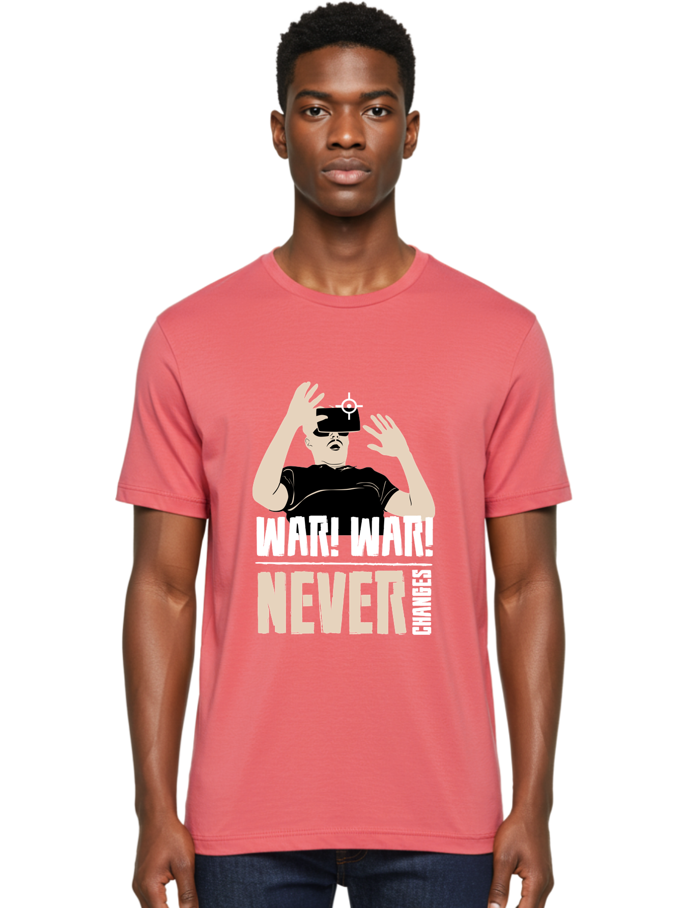 War-War-Never-Changes Men'S Graphic Tee, 100% Cotton, Comfortable Casual Summer Wear, Machine Washable, Man Wearing Vr Headset, Futuristic Technology, Gaming Experience, Immersive Reality, Bold Typography, Contrasting Colors, - Aaa666