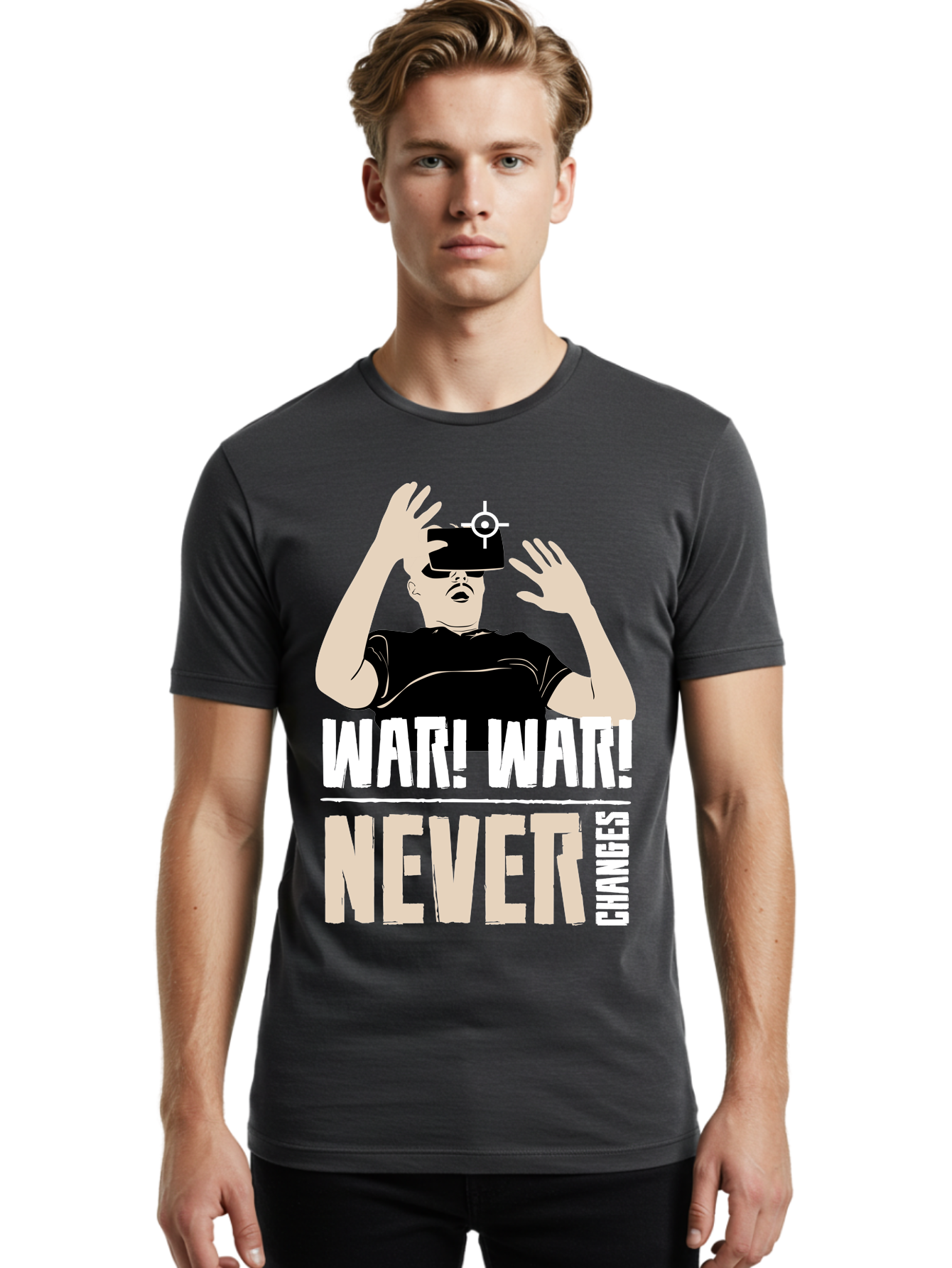 War-War-Never-Changes Men'S Graphic Tee, 100% Cotton, Comfortable Casual Summer Wear, Machine Washable, Man Wearing Vr Headset, Futuristic Technology, Gaming Experience, Immersive Reality, Bold Typography, Contrasting Colors, - Aaa666