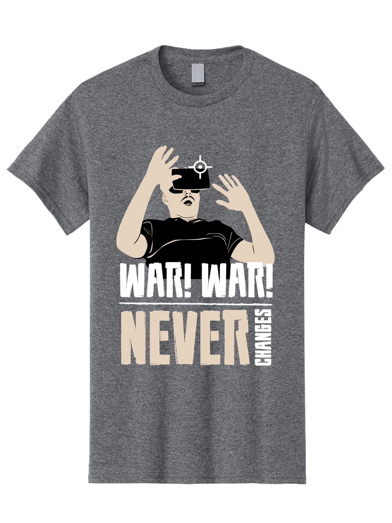War-War-Never-Changes Men'S Graphic Tee, 100% Cotton, Comfortable Casual Summer Wear, Machine Washable, Man Wearing Vr Headset, Futuristic Technology, Gaming Experience, Immersive Reality, Bold Typography, Contrasting Colors, - Aaa666