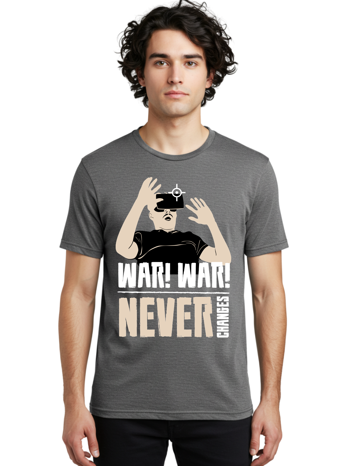 War-War-Never-Changes Men'S Graphic Tee, 100% Cotton, Comfortable Casual Summer Wear, Machine Washable, Man Wearing Vr Headset, Futuristic Technology, Gaming Experience, Immersive Reality, Bold Typography, Contrasting Colors, - Aaa666