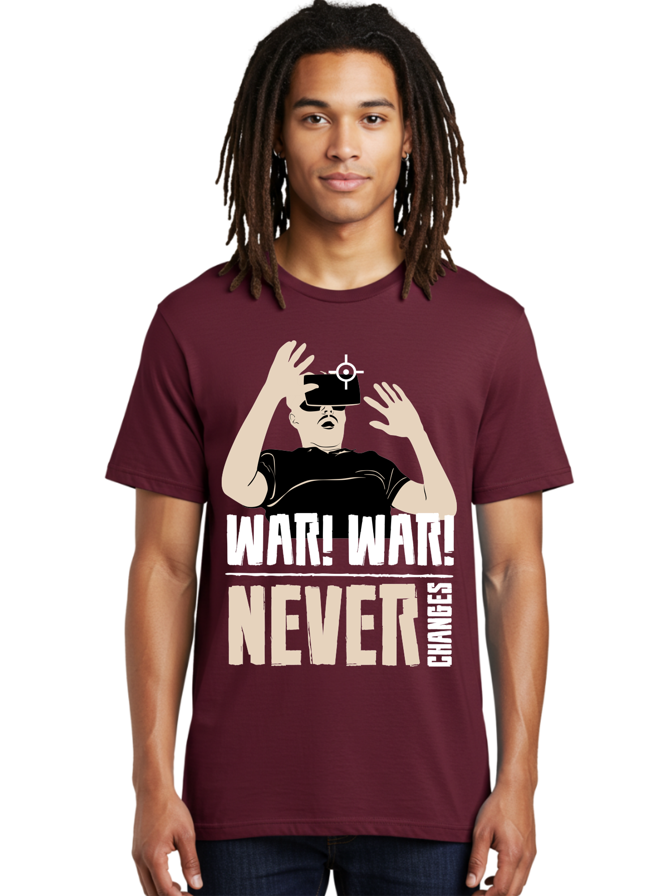 War-War-Never-Changes Men'S Graphic Tee, 100% Cotton, Comfortable Casual Summer Wear, Machine Washable, Man Wearing Vr Headset, Futuristic Technology, Gaming Experience, Immersive Reality, Bold Typography, Contrasting Colors, - Aaa666