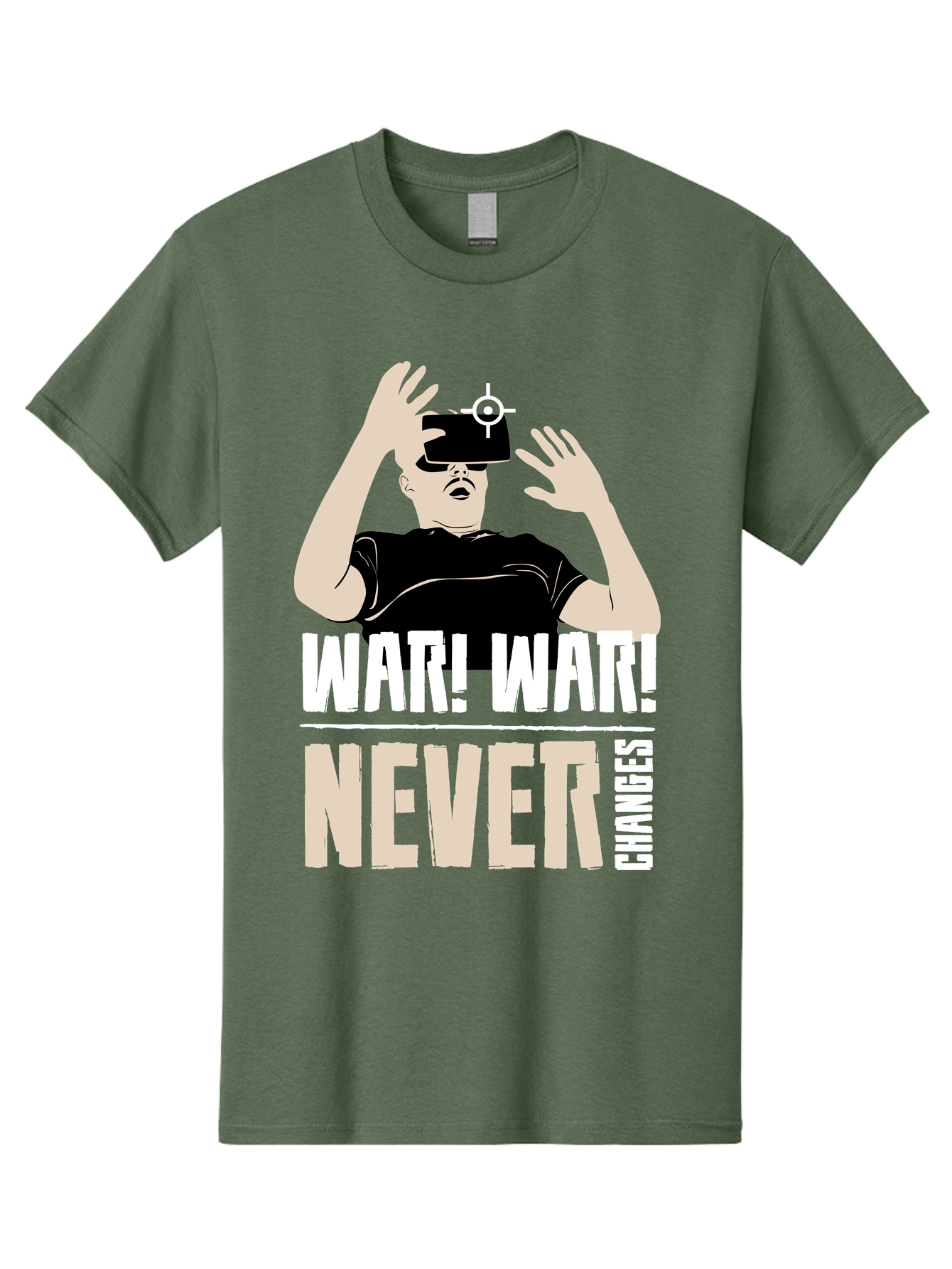 War-War-Never-Changes Men'S Graphic Tee, 100% Cotton, Comfortable Casual Summer Wear, Machine Washable, Man Wearing Vr Headset, Futuristic Technology, Gaming Experience, Immersive Reality, Bold Typography, Contrasting Colors, - Aaa666