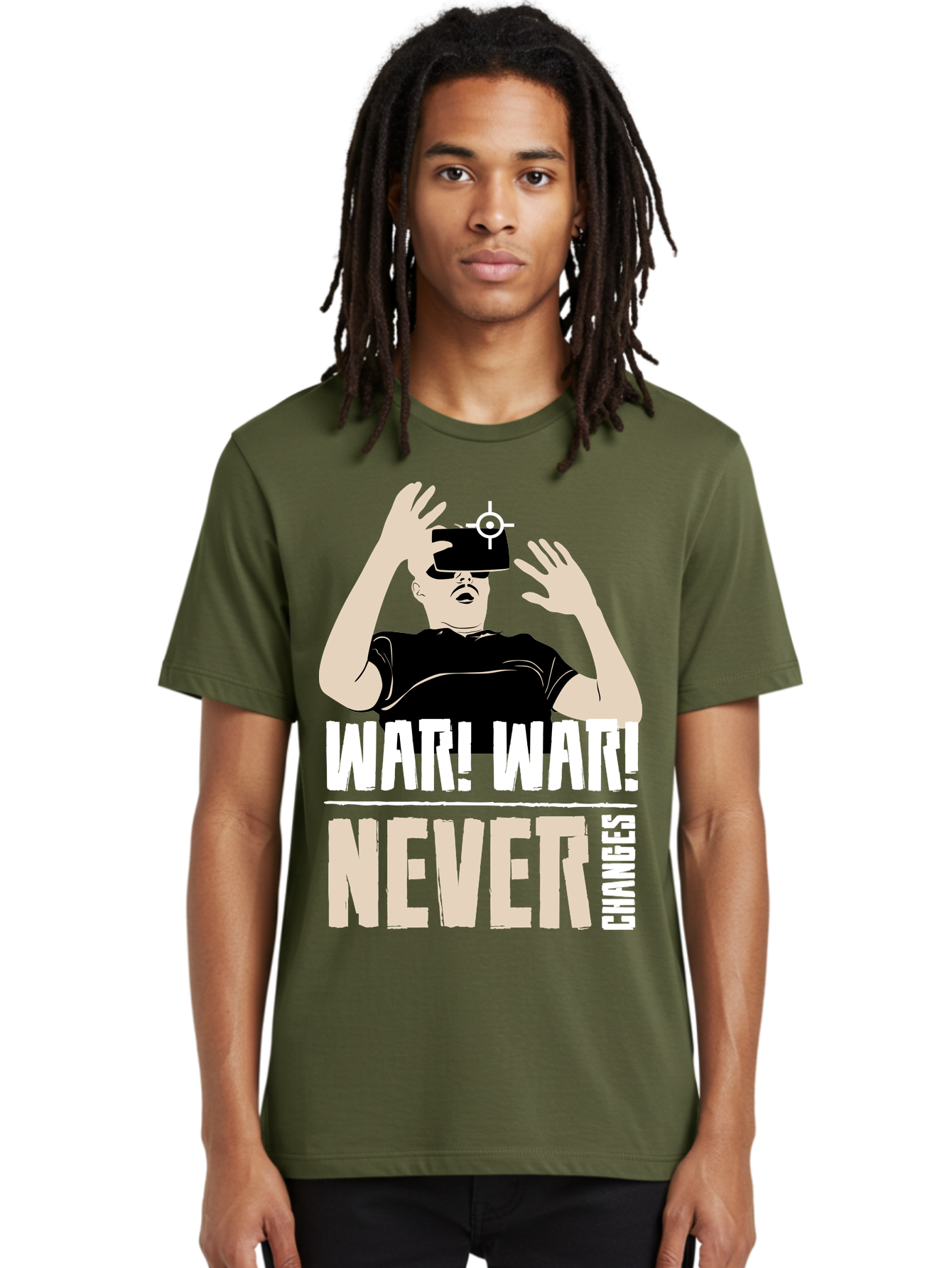 War-War-Never-Changes Men'S Graphic Tee, 100% Cotton, Comfortable Casual Summer Wear, Machine Washable, Man Wearing Vr Headset, Futuristic Technology, Gaming Experience, Immersive Reality, Bold Typography, Contrasting Colors, - Aaa666