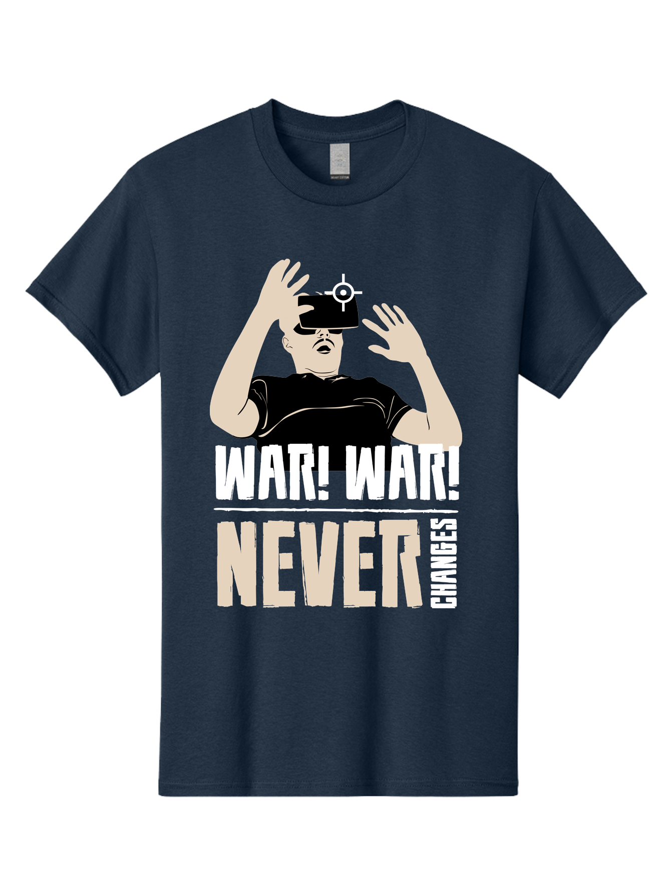 War-War-Never-Changes Men'S Graphic Tee, 100% Cotton, Comfortable Casual Summer Wear, Machine Washable, Man Wearing Vr Headset, Futuristic Technology, Gaming Experience, Immersive Reality, Bold Typography, Contrasting Colors, - Aaa666