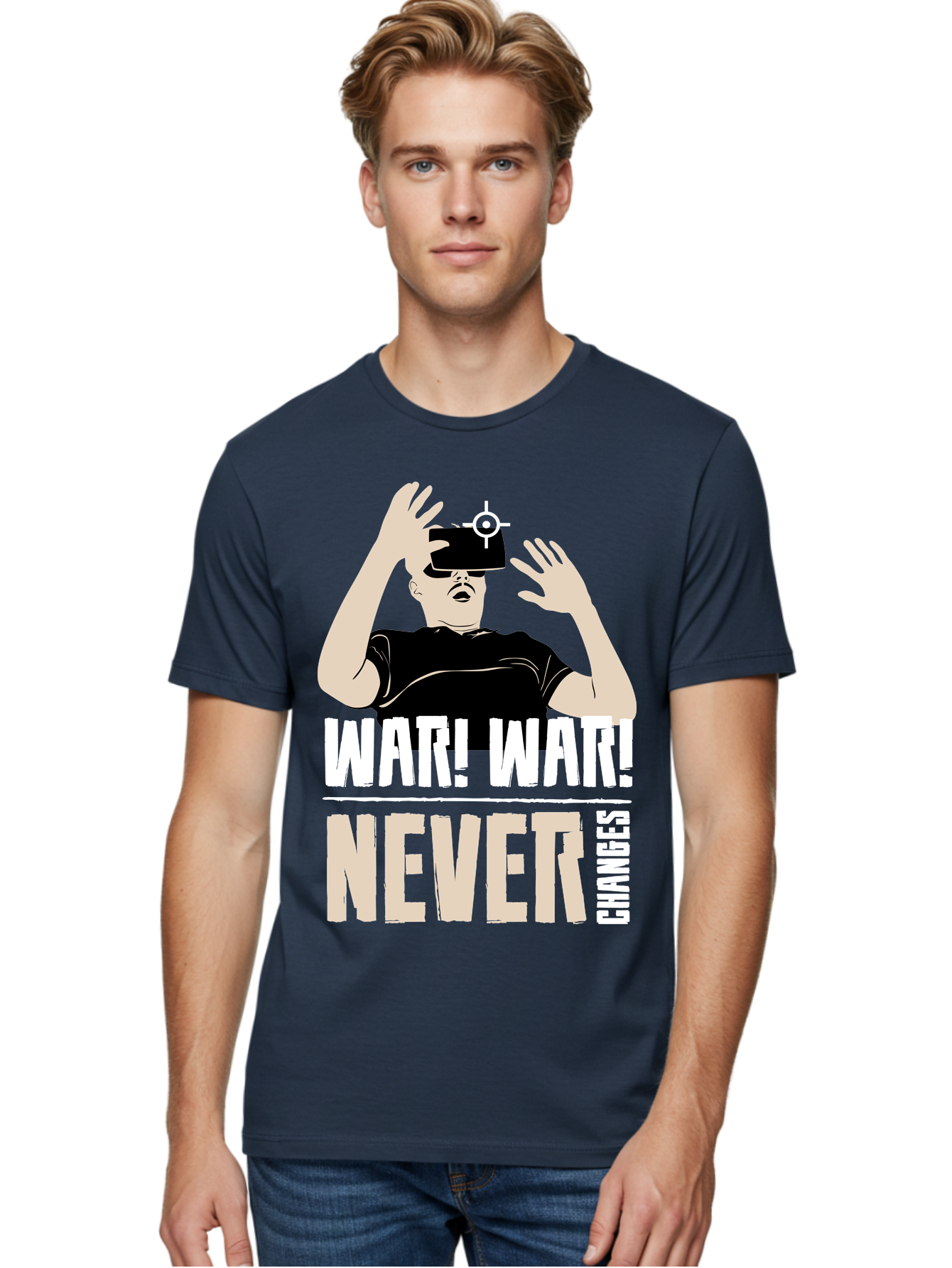 War-War-Never-Changes Men'S Graphic Tee, 100% Cotton, Comfortable Casual Summer Wear, Machine Washable, Man Wearing Vr Headset, Futuristic Technology, Gaming Experience, Immersive Reality, Bold Typography, Contrasting Colors, - Aaa666