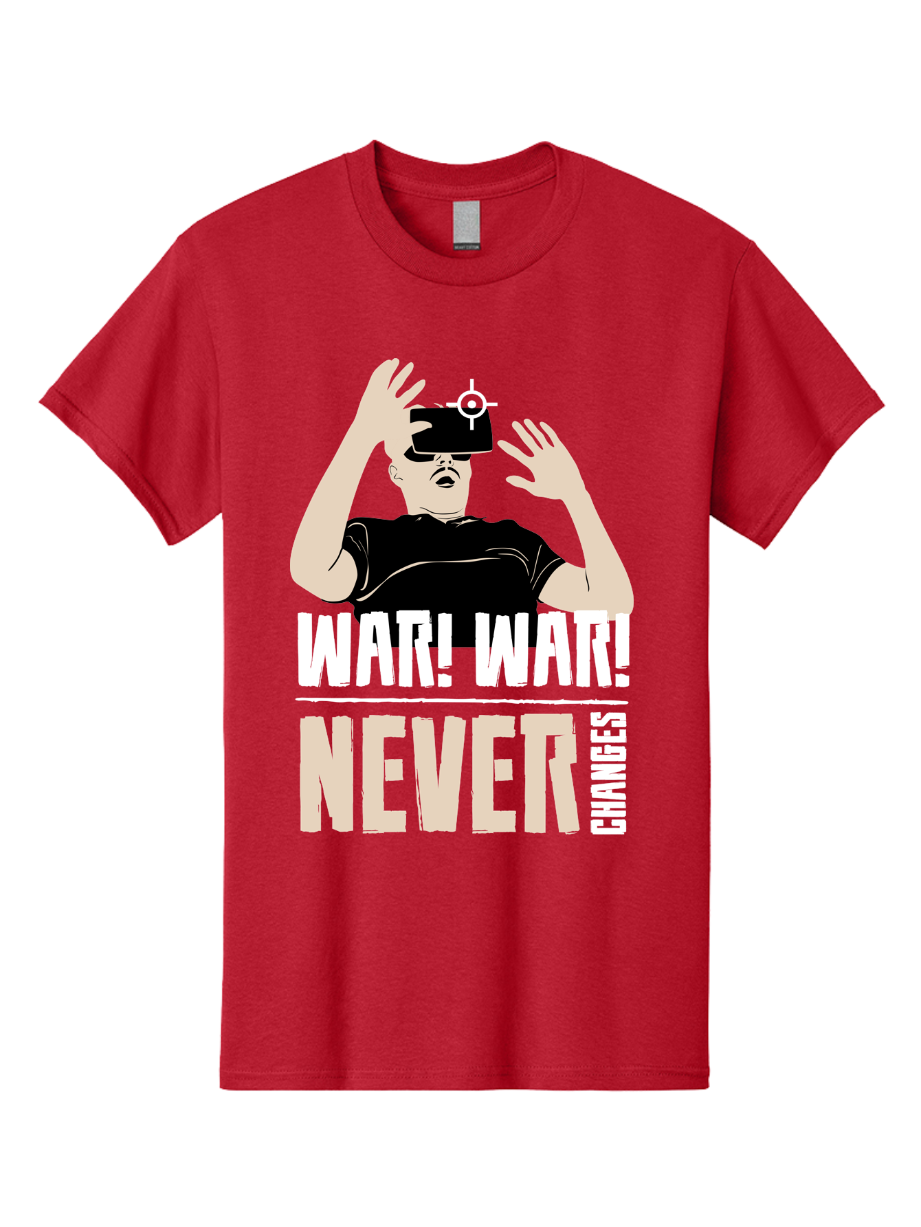 War-War-Never-Changes Men'S Graphic Tee, 100% Cotton, Comfortable Casual Summer Wear, Machine Washable, Man Wearing Vr Headset, Futuristic Technology, Gaming Experience, Immersive Reality, Bold Typography, Contrasting Colors, - Aaa666