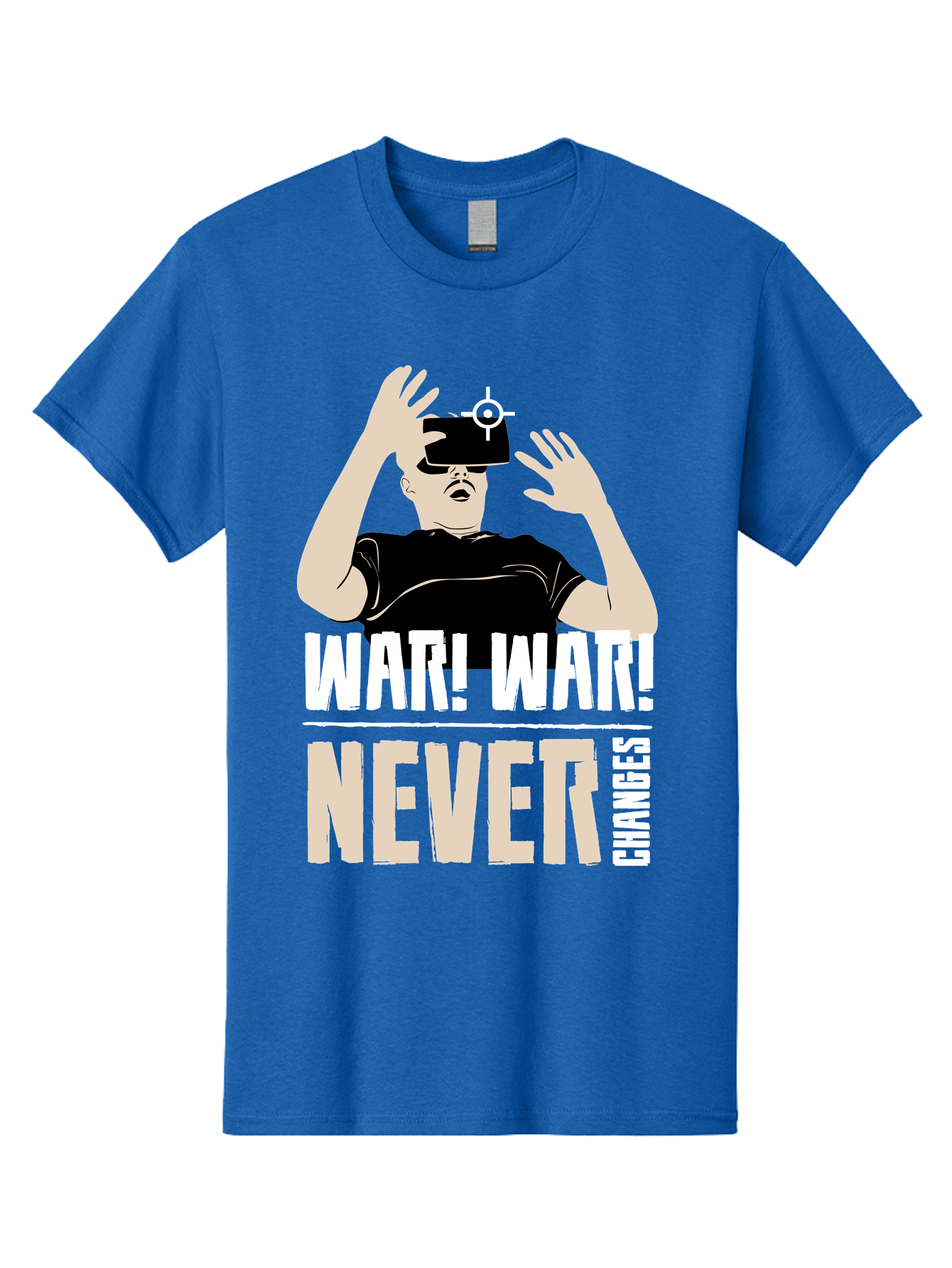 War-War-Never-Changes Men'S Graphic Tee, 100% Cotton, Comfortable Casual Summer Wear, Machine Washable, Man Wearing Vr Headset, Futuristic Technology, Gaming Experience, Immersive Reality, Bold Typography, Contrasting Colors, - Aaa666