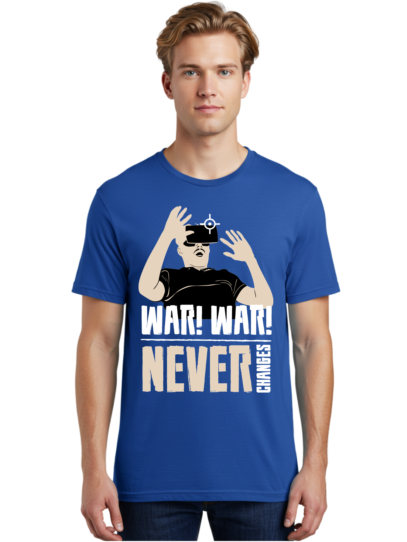 War-War-Never-Changes Men'S Graphic Tee, 100% Cotton, Comfortable Casual Summer Wear, Machine Washable, Man Wearing Vr Headset, Futuristic Technology, Gaming Experience, Immersive Reality, Bold Typography, Contrasting Colors, - Aaa666