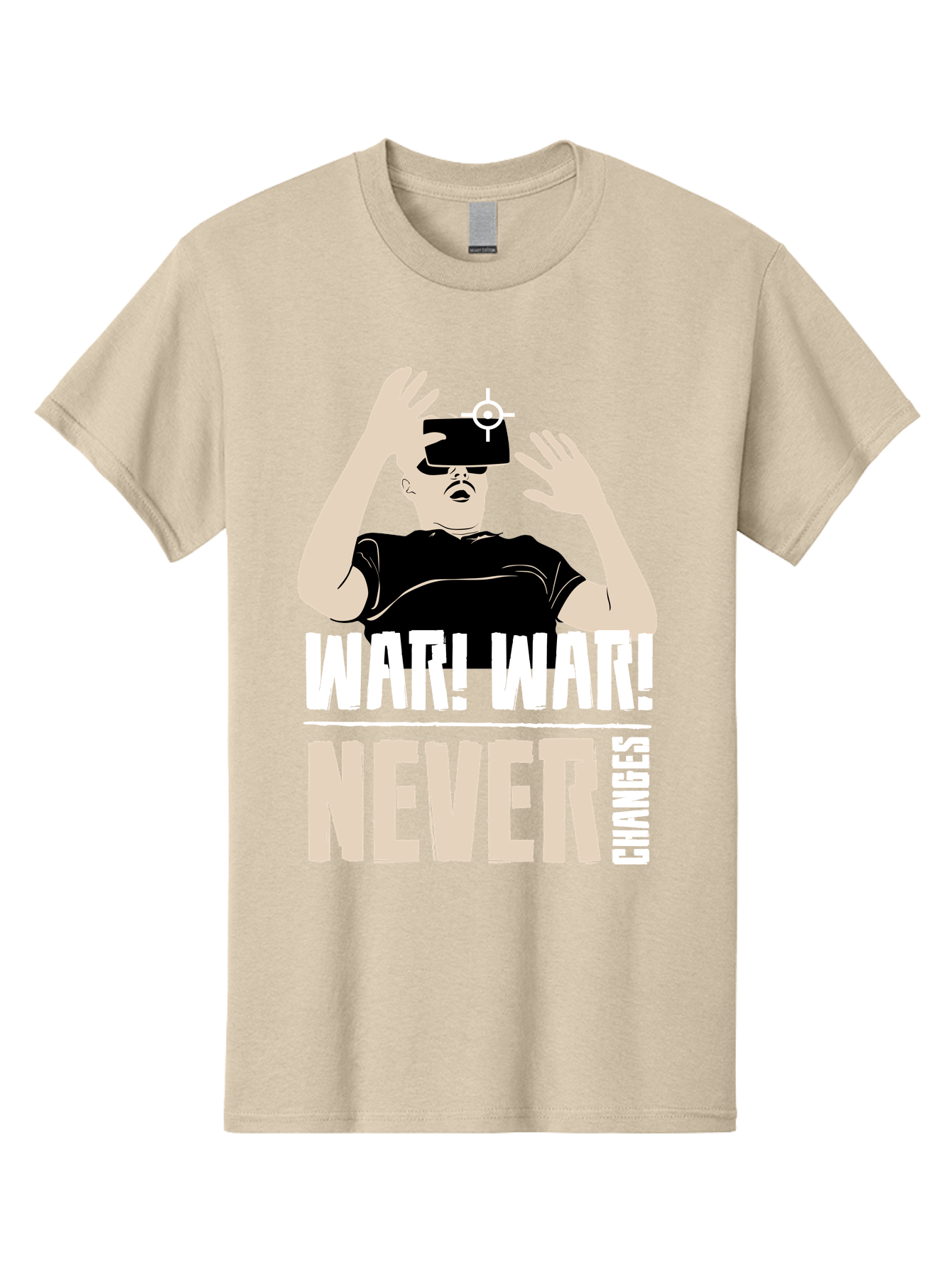 War-War-Never-Changes Men'S Graphic Tee, 100% Cotton, Comfortable Casual Summer Wear, Machine Washable, Man Wearing Vr Headset, Futuristic Technology, Gaming Experience, Immersive Reality, Bold Typography, Contrasting Colors, - Aaa666