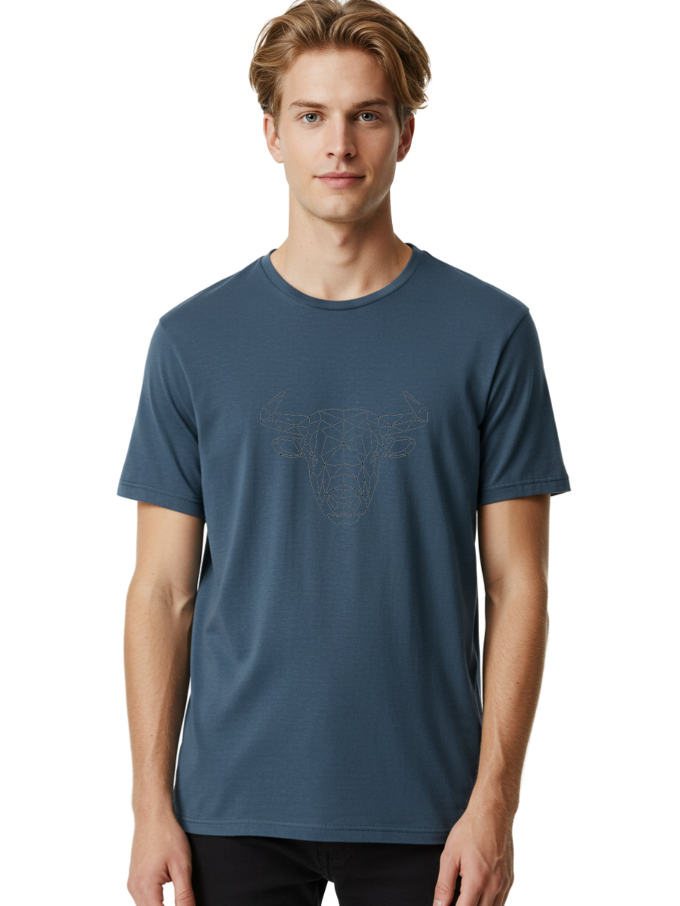 Bull-Head-3 Men'S Graphic Tee, 100% Cotton, Comfortable Casual Summer Wear, Machine Washable, Geometric Bull, Abstract Animal Art, Minimalist Design, Low Poly Style, Bull Illustration, Modern Artwork, Black And White Graphics, - Aaa673