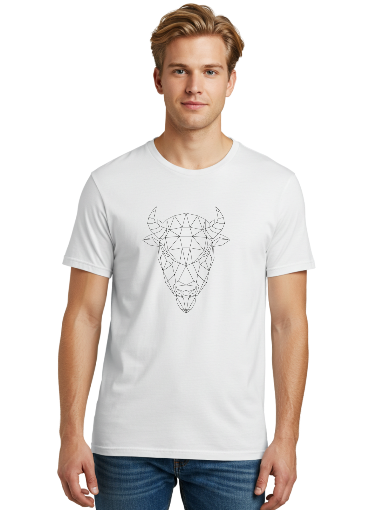 Bull-Head-Geometric Men'S Graphic Tee, 100% Cotton, Comfortable Casual Summer Wear, Machine Washable, Geometric Bull Head, Low Poly Art, Modern Design, Abstract Animal, Minimalist Style, Sharp Lines, Angular Shapes - Aaa674