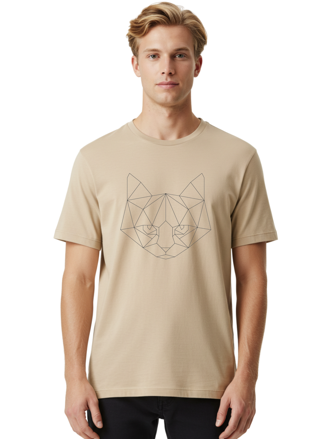 Cat-Face Men'S Graphic Tee, 100% Cotton, Comfortable Casual Summer Wear, Machine Washable, Geometric Cat Face, Low Poly Art, Minimalist Design, Cat Eyes, Feline Features, Abstract Illustration, Modern Graphics, Digital Art - Aaa676