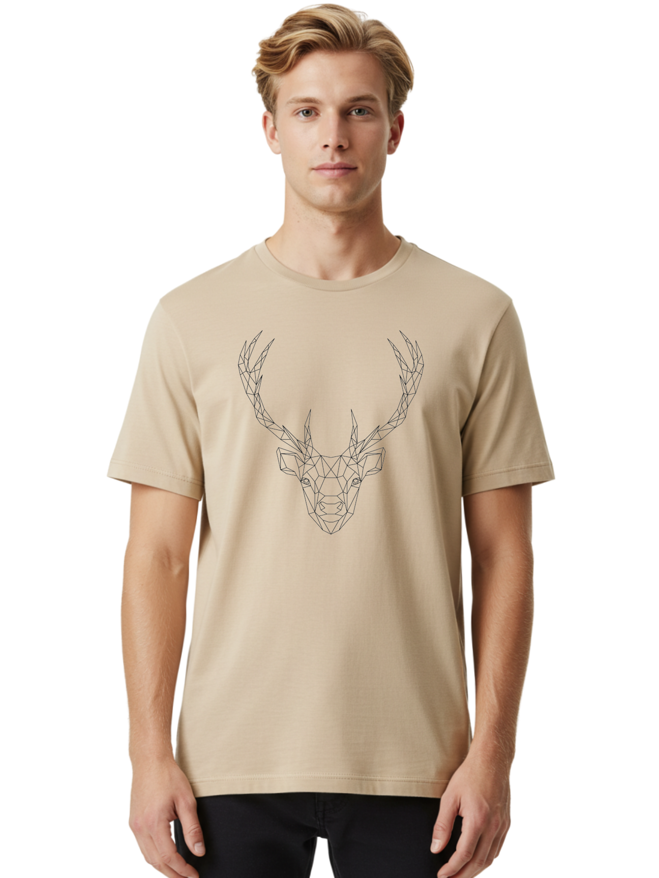 Deer-Head Men'S Graphic Tee, 100% Cotton, Comfortable Casual Summer Wear, Machine Washable, Geometric Deer Head, Wireframe Art, Low Poly Design, Minimalist Style, Abstract Animal, Modern Illustration, Deer Silhouette, Polygonal Art, - Aaa677