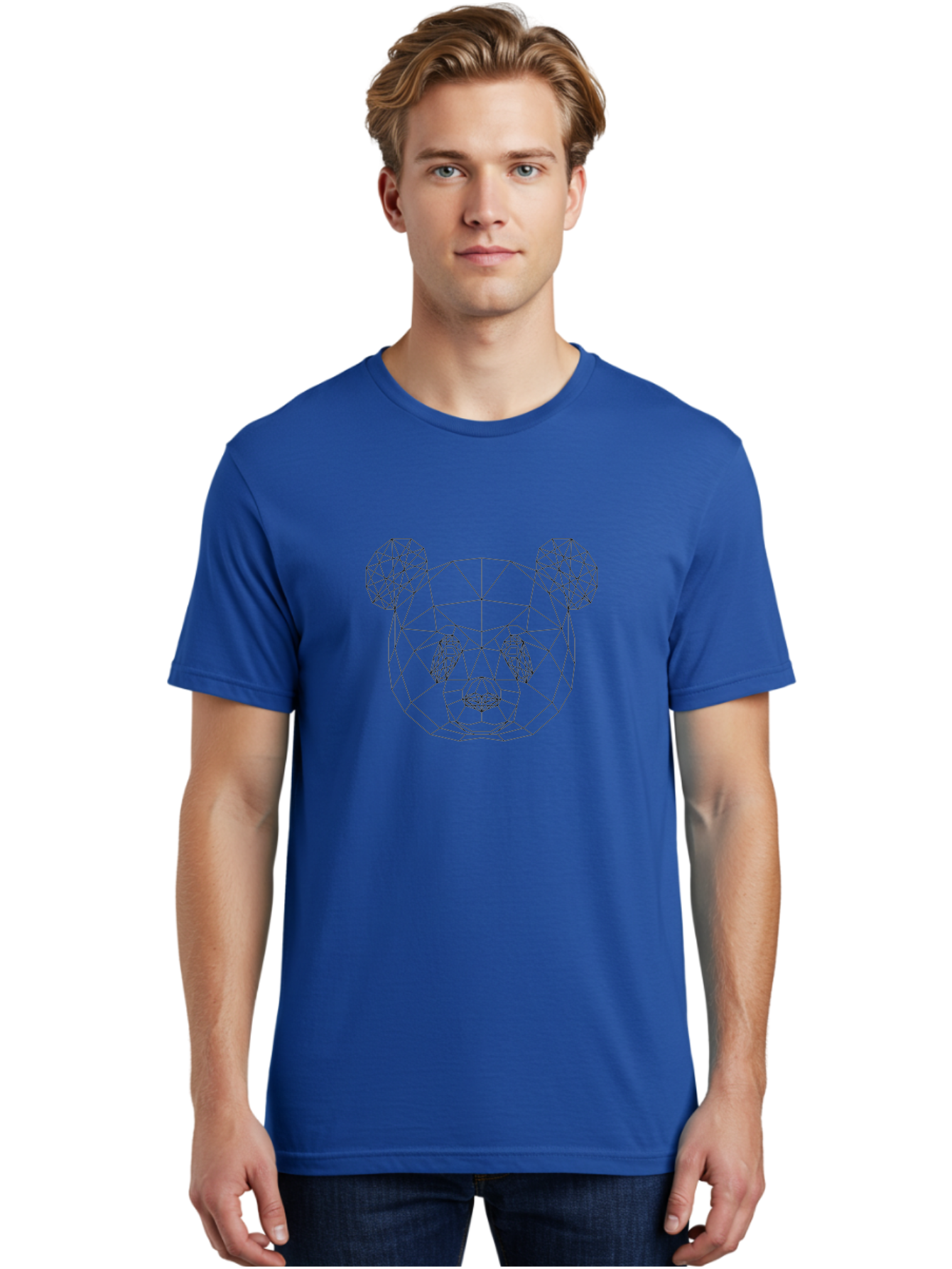Geometric-Bear-Face Men'S Graphic Tee, 100% Cotton, Comfortable Casual Summer Wear, Machine Washable, Low Poly Bear, Geometric Art, Modern Design, Wireframe Style, Abstract Animal, Digital Illustration, Futuristic Graphics, - Aaa680
