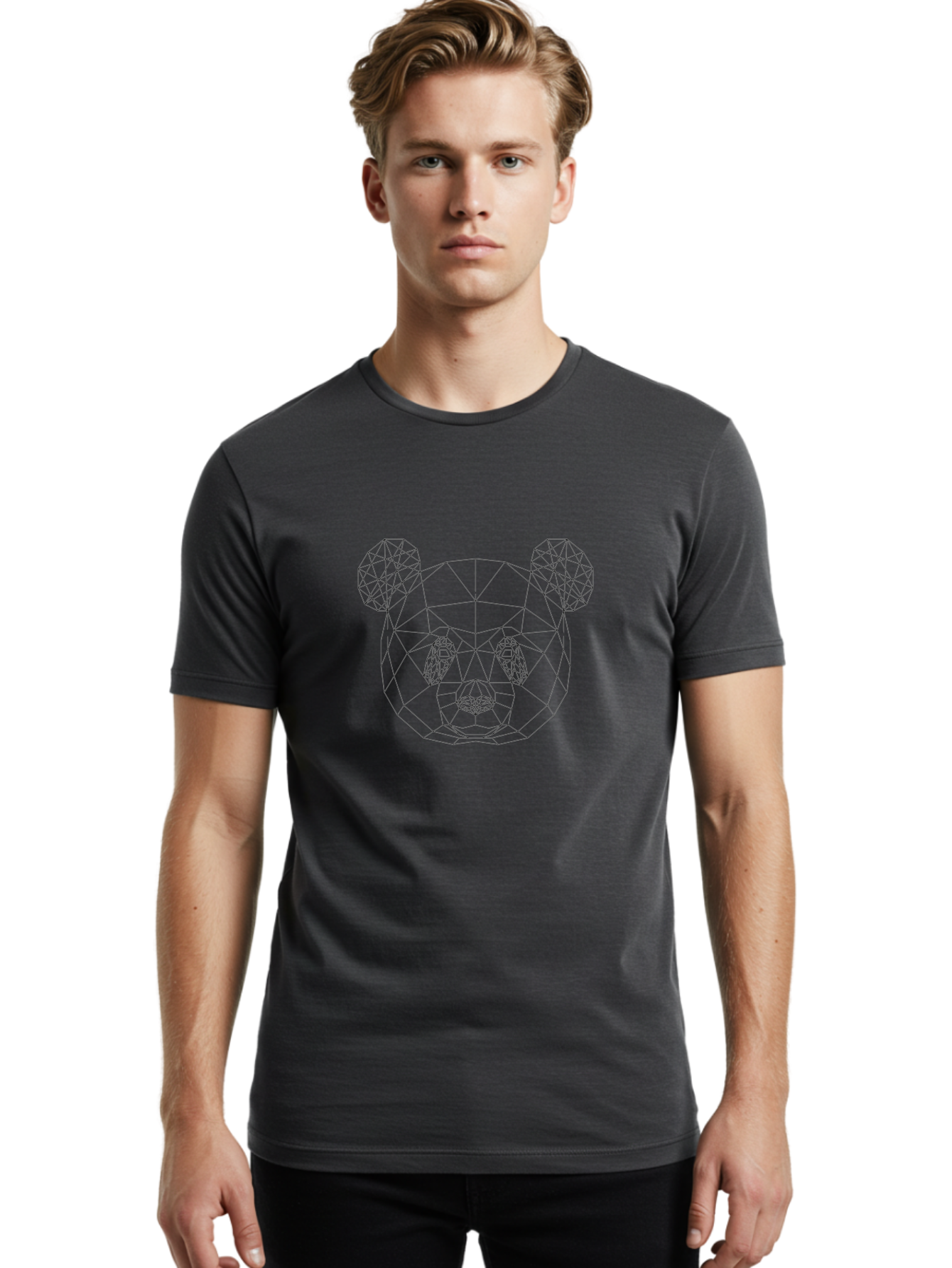 Geometric-Bear-Head-3 Men'S Graphic Tee, 100% Cotton, Comfortable Casual Summer Wear, Machine Washable, Geometric Bear Head, Wireframe Design, Low Poly Art, Modern Animal Illustration, Minimalist Style, Black Lines, Polygonal Shape, - Aaa683