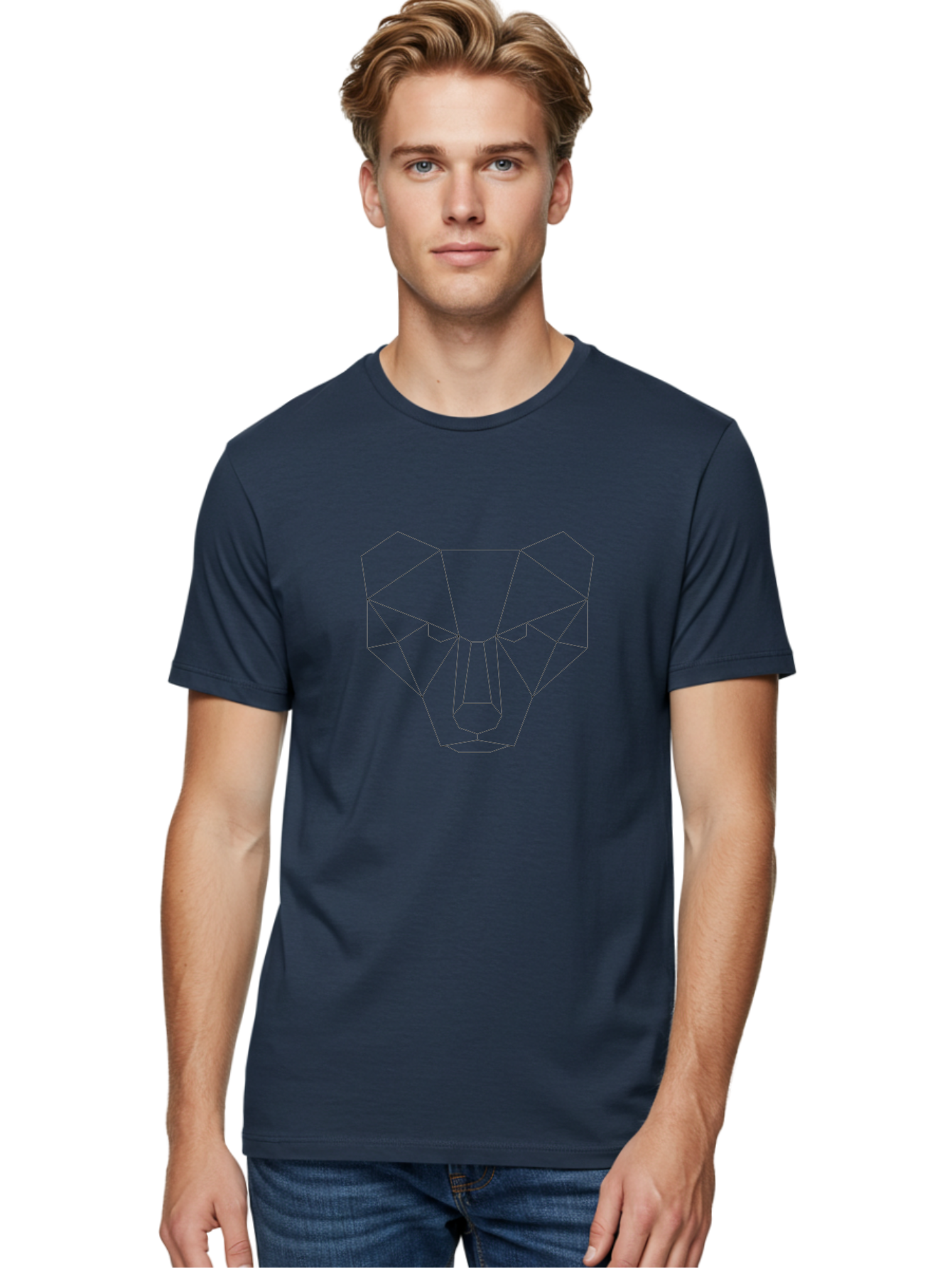 Geometric-Bear-Head Men'S Graphic Tee, 100% Cotton, Comfortable Casual Summer Wear, Machine Washable, Geometric Bear, Low Poly Art, Animal Face, Modern Design, Minimalist Style, Black Lines, Polygonal Shape, Abstract Representation, - Aaa684