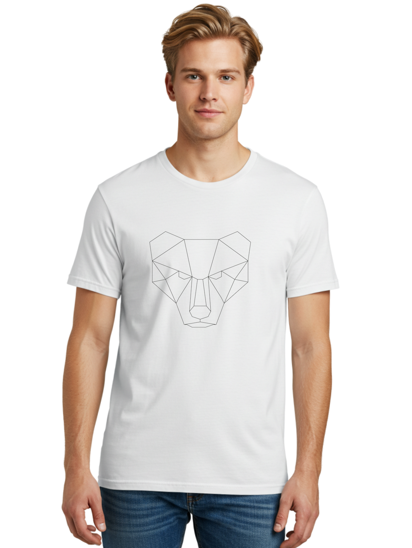 Geometric-Bear-Head Men'S Graphic Tee, 100% Cotton, Comfortable Casual Summer Wear, Machine Washable, Geometric Bear, Low Poly Art, Animal Face, Modern Design, Minimalist Style, Black Lines, Polygonal Shape, Abstract Representation, - Aaa684