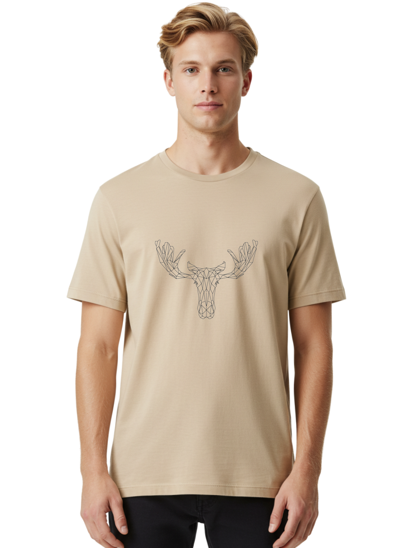 Geometric-Deer-Head-1 Men'S Graphic Tee, 100% Cotton, Comfortable Casual Summer Wear, Machine Washable, Geometric Moose, Minimalist Art, Abstract Animal Design, Low Poly Style, Modern Wildlife Illustration, Black And White Graphics, - Aaa692