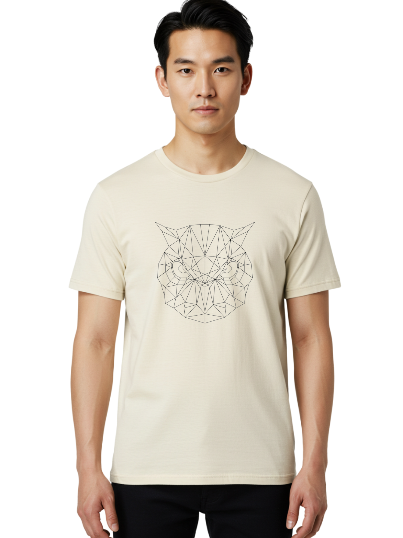 Owl-Face Men'S Graphic Tee, 100% Cotton, Comfortable Casual Summer Wear, Machine Washable, Geometric Cat Face, Low-Poly Art, Minimalist Design, Modern Graphics, Feline Features, Sharp Lines, Digital Illustration, Cat Silhouette - Aaa731