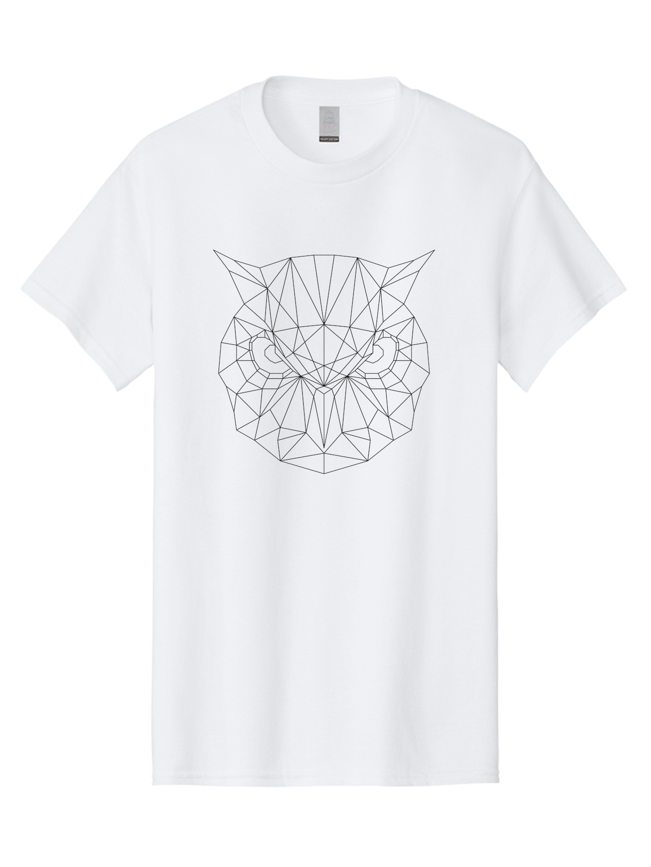 Owl-Face Men'S Graphic Tee, 100% Cotton, Comfortable Casual Summer Wear, Machine Washable, Geometric Cat Face, Low-Poly Art, Minimalist Design, Modern Graphics, Feline Features, Sharp Lines, Digital Illustration, Cat Silhouette - Aaa731