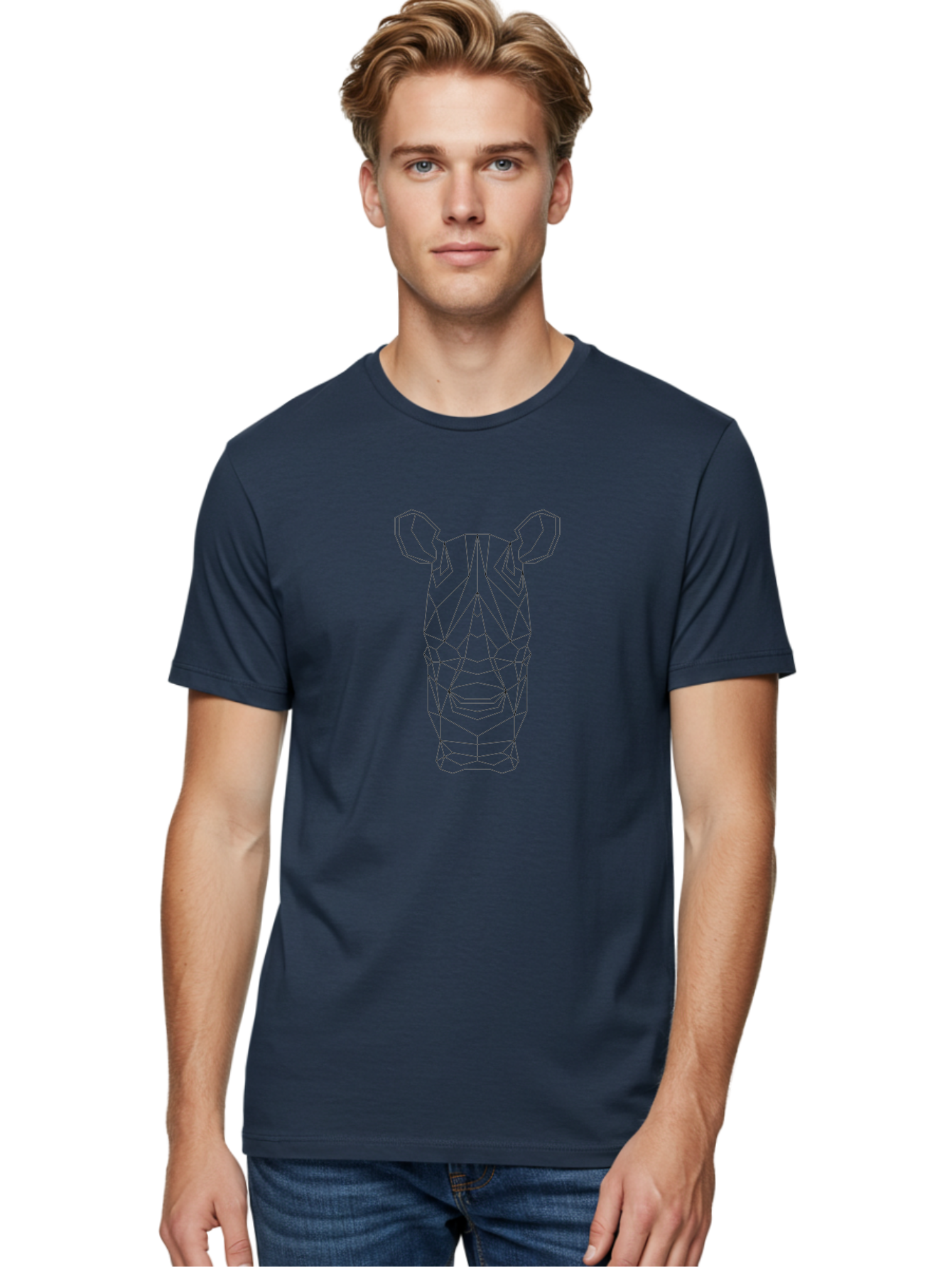 Rhino-Head Men'S Graphic Tee, 100% Cotton, Comfortable Casual Summer Wear, Machine Washable, Rhinoceros Illustration, Wireframe Design, Geometric Facets, Black Outline, Abstract Art, Wildlife Graphics, Polygon Mesh, Minimalist Style, - Aaa736