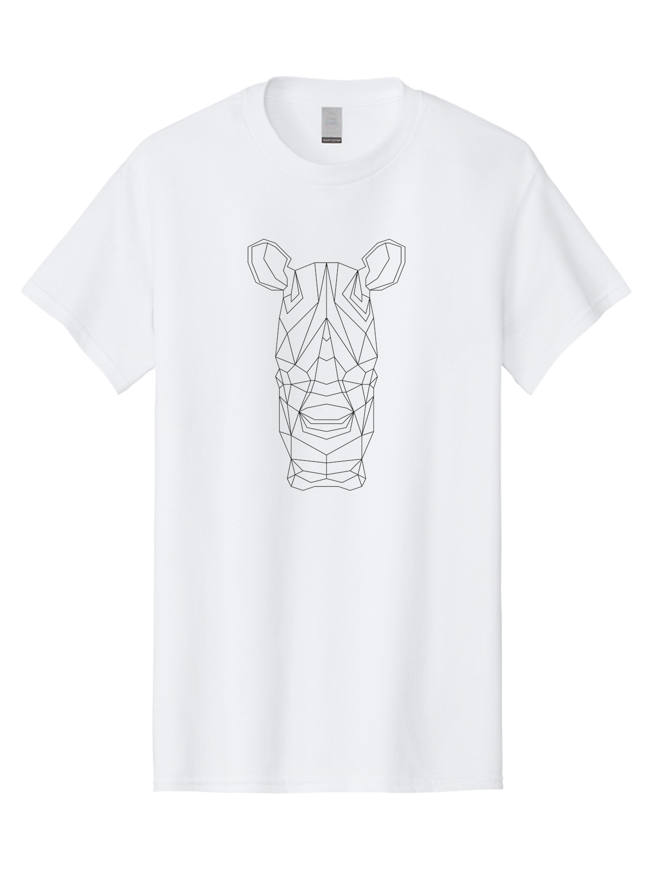 Rhino-Head Men'S Graphic Tee, 100% Cotton, Comfortable Casual Summer Wear, Machine Washable, Rhinoceros Illustration, Wireframe Design, Geometric Facets, Black Outline, Abstract Art, Wildlife Graphics, Polygon Mesh, Minimalist Style, - Aaa736