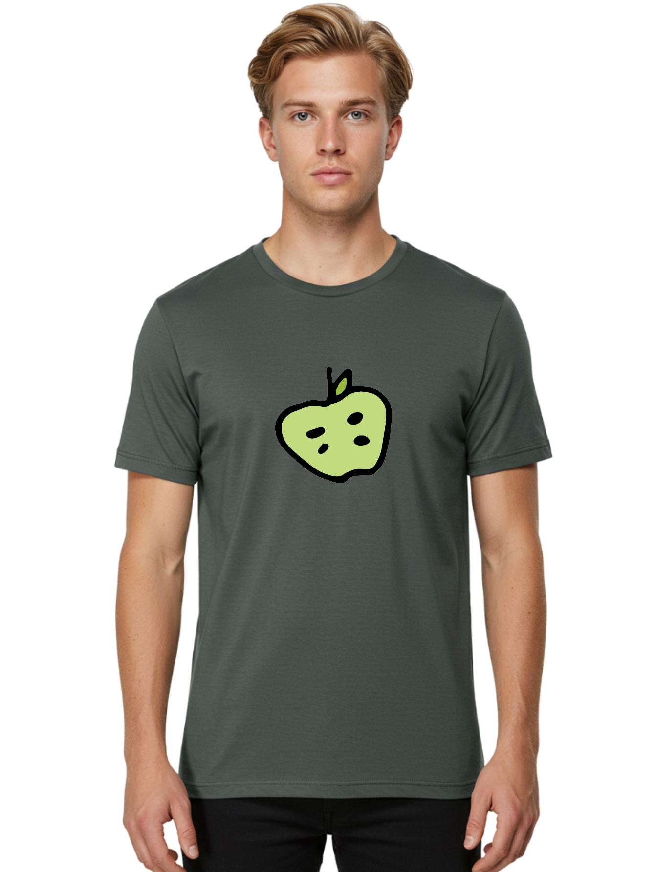 Apple Men'S Graphic Tee, 100% Cotton, Comfortable Casual Summer Wear, Machine Washable, Cartoon Apple, Simple Illustration, Green Apple, Black Outline, Leafy Stem, Seeded Fruit, Digital Art, Cute Design - Aaa740