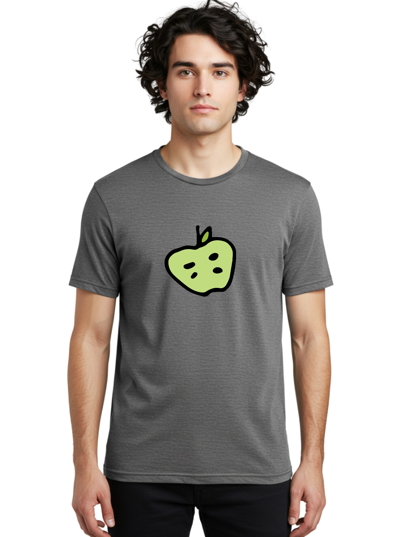 Apple Men'S Graphic Tee, 100% Cotton, Comfortable Casual Summer Wear, Machine Washable, Cartoon Apple, Simple Illustration, Green Apple, Black Outline, Leafy Stem, Seeded Fruit, Digital Art, Cute Design - Aaa740