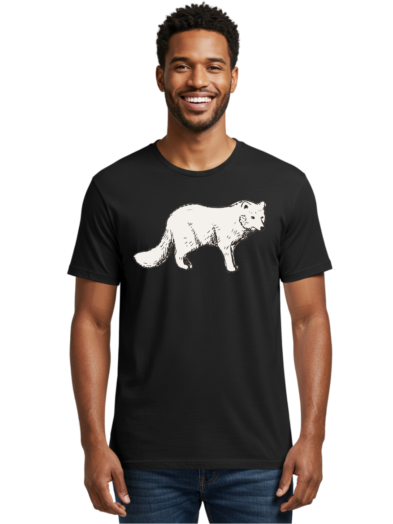 Arctic-Fox Men'S Graphic Tee, 100% Cotton, Comfortable Casual Summer Wear, Machine Washable, Arctic Fox, White Fur, Wild Animal, Wildlife Illustration, Cartoon Style, Simple Lines, Hand-Drawn, Furry Texture, Animal Portrait - Aaa741