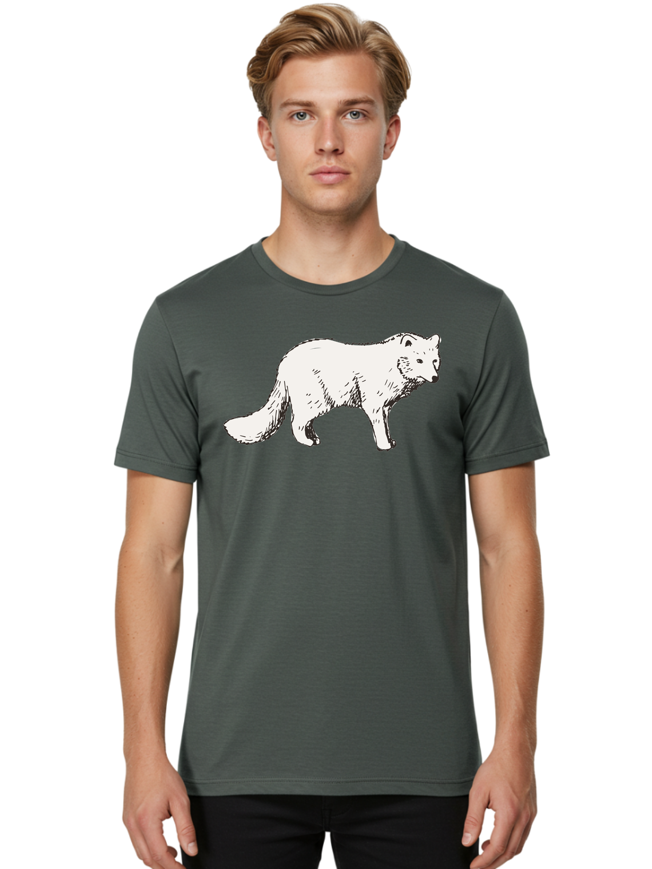 Arctic-Fox Men'S Graphic Tee, 100% Cotton, Comfortable Casual Summer Wear, Machine Washable, Arctic Fox, White Fur, Wild Animal, Wildlife Illustration, Cartoon Style, Simple Lines, Hand-Drawn, Furry Texture, Animal Portrait - Aaa741