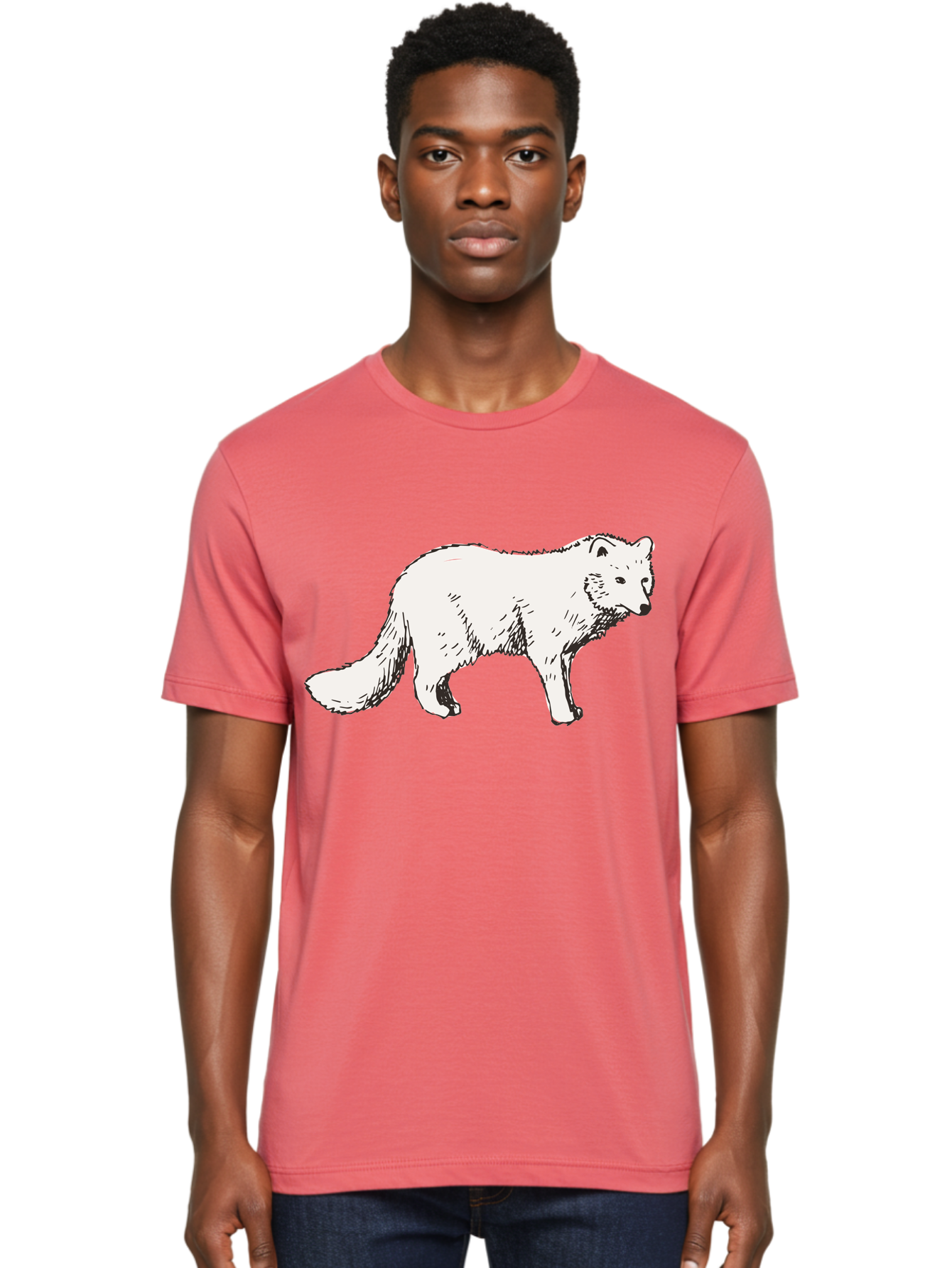 Arctic-Fox Men'S Graphic Tee, 100% Cotton, Comfortable Casual Summer Wear, Machine Washable, Arctic Fox, White Fur, Wild Animal, Wildlife Illustration, Cartoon Style, Simple Lines, Hand-Drawn, Furry Texture, Animal Portrait - Aaa741