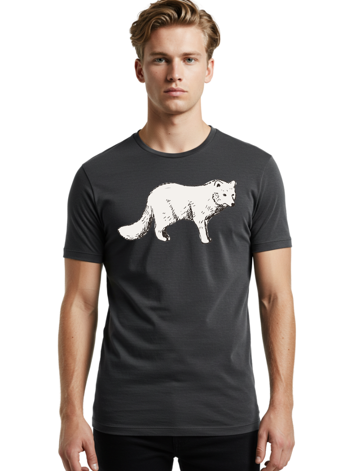 Arctic-Fox Men'S Graphic Tee, 100% Cotton, Comfortable Casual Summer Wear, Machine Washable, Arctic Fox, White Fur, Wild Animal, Wildlife Illustration, Cartoon Style, Simple Lines, Hand-Drawn, Furry Texture, Animal Portrait - Aaa741