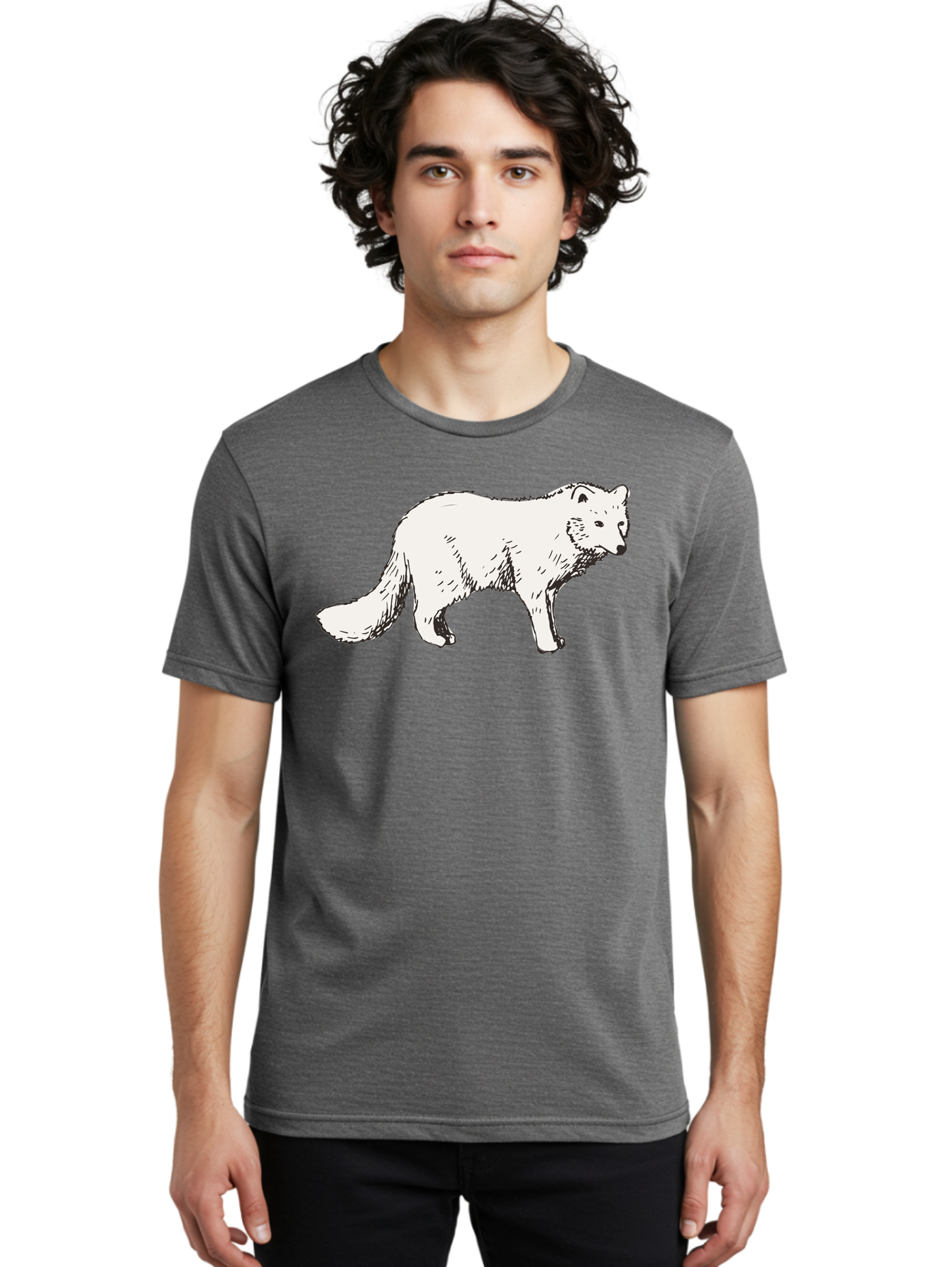Arctic-Fox Men'S Graphic Tee, 100% Cotton, Comfortable Casual Summer Wear, Machine Washable, Arctic Fox, White Fur, Wild Animal, Wildlife Illustration, Cartoon Style, Simple Lines, Hand-Drawn, Furry Texture, Animal Portrait - Aaa741