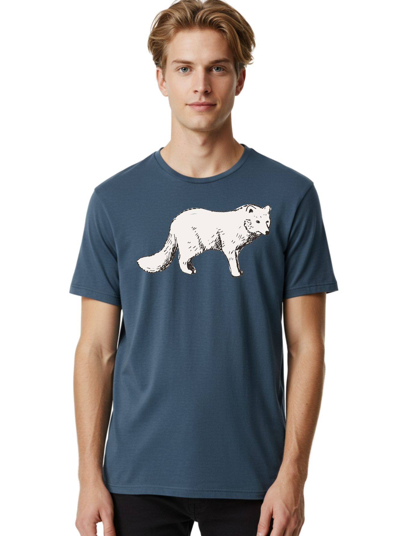 Arctic-Fox Men'S Graphic Tee, 100% Cotton, Comfortable Casual Summer Wear, Machine Washable, Arctic Fox, White Fur, Wild Animal, Wildlife Illustration, Cartoon Style, Simple Lines, Hand-Drawn, Furry Texture, Animal Portrait - Aaa741