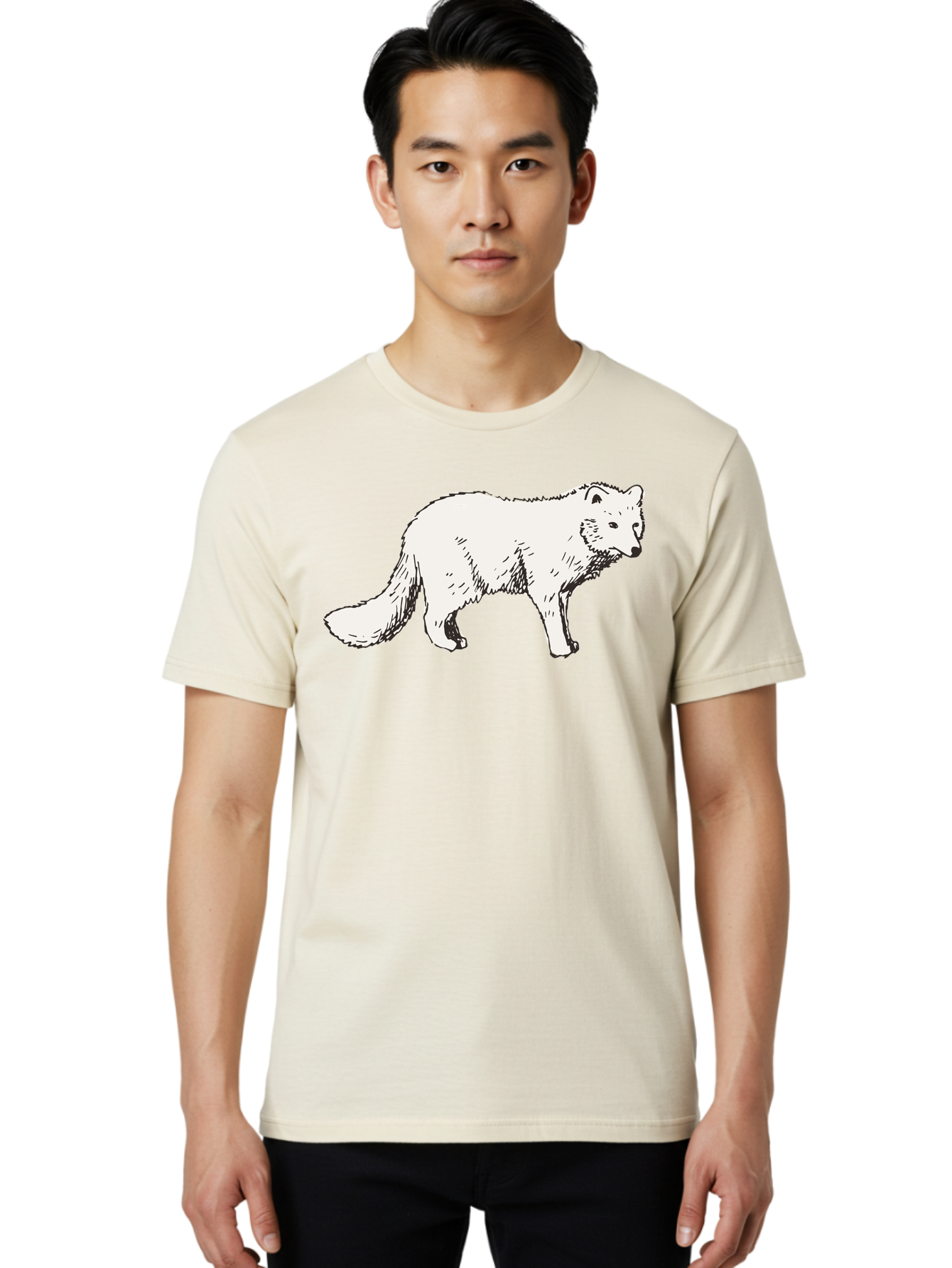 Arctic-Fox Men'S Graphic Tee, 100% Cotton, Comfortable Casual Summer Wear, Machine Washable, Arctic Fox, White Fur, Wild Animal, Wildlife Illustration, Cartoon Style, Simple Lines, Hand-Drawn, Furry Texture, Animal Portrait - Aaa741