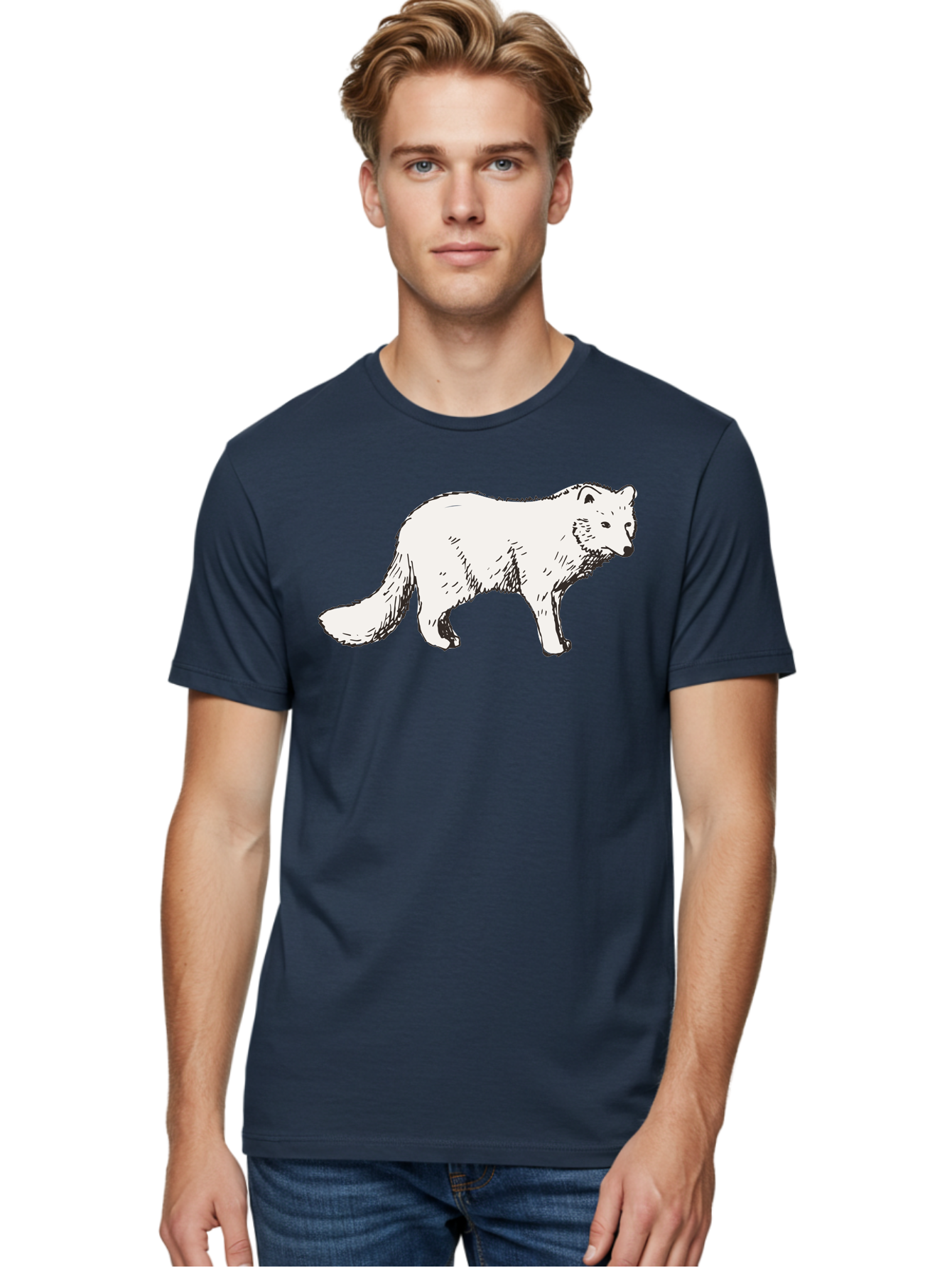 Arctic-Fox Men'S Graphic Tee, 100% Cotton, Comfortable Casual Summer Wear, Machine Washable, Arctic Fox, White Fur, Wild Animal, Wildlife Illustration, Cartoon Style, Simple Lines, Hand-Drawn, Furry Texture, Animal Portrait - Aaa741
