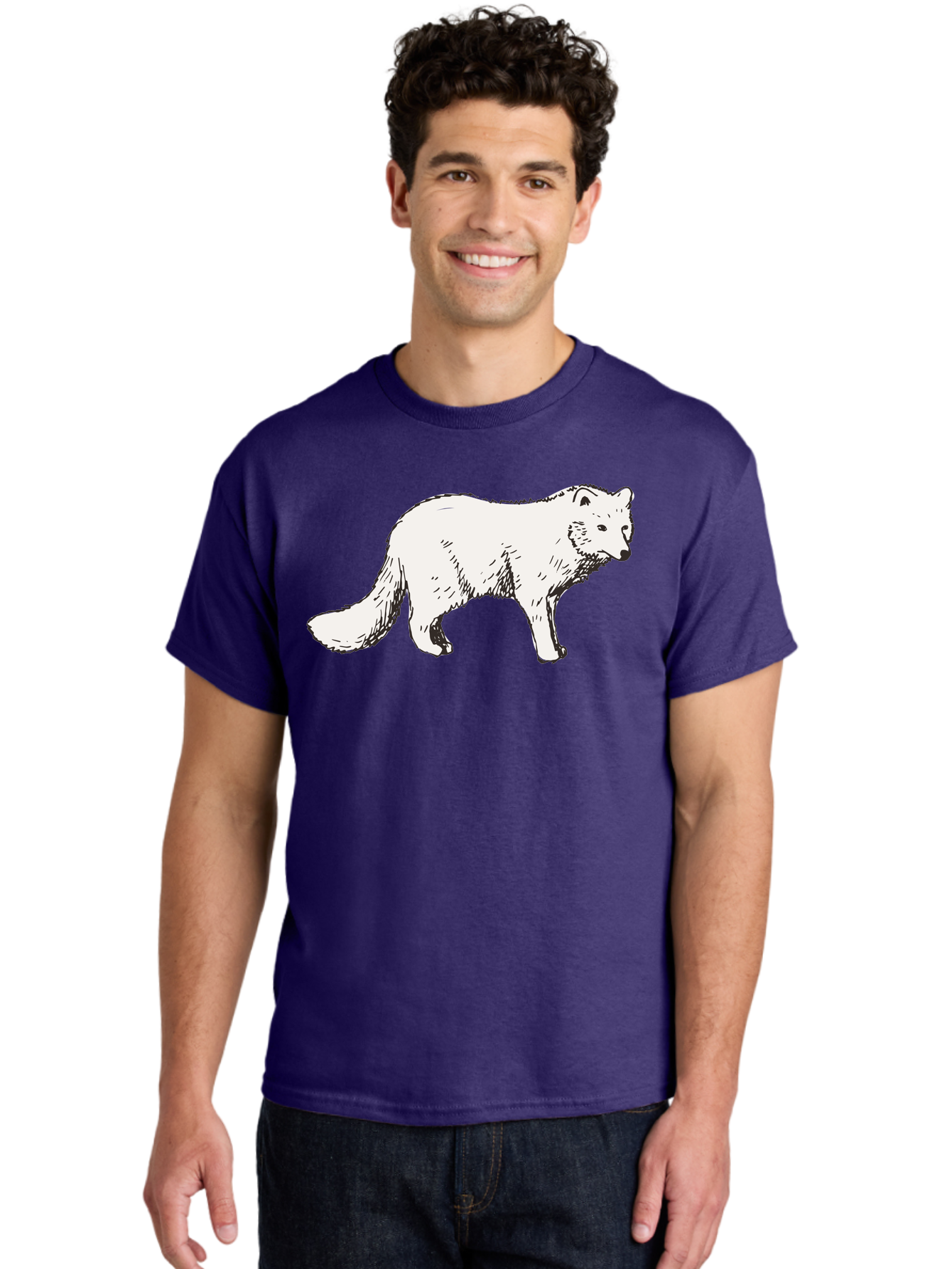 Arctic-Fox Men'S Graphic Tee, 100% Cotton, Comfortable Casual Summer Wear, Machine Washable, Arctic Fox, White Fur, Wild Animal, Wildlife Illustration, Cartoon Style, Simple Lines, Hand-Drawn, Furry Texture, Animal Portrait - Aaa741