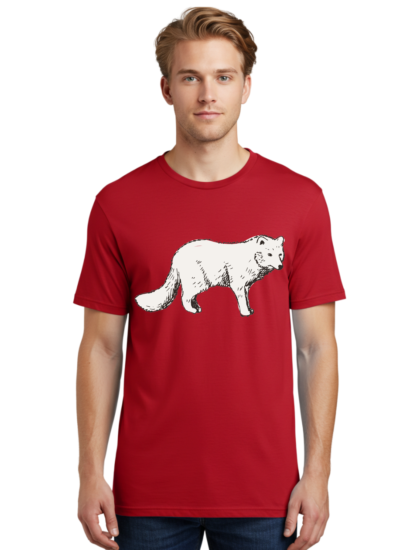 Arctic-Fox Men'S Graphic Tee, 100% Cotton, Comfortable Casual Summer Wear, Machine Washable, Arctic Fox, White Fur, Wild Animal, Wildlife Illustration, Cartoon Style, Simple Lines, Hand-Drawn, Furry Texture, Animal Portrait - Aaa741