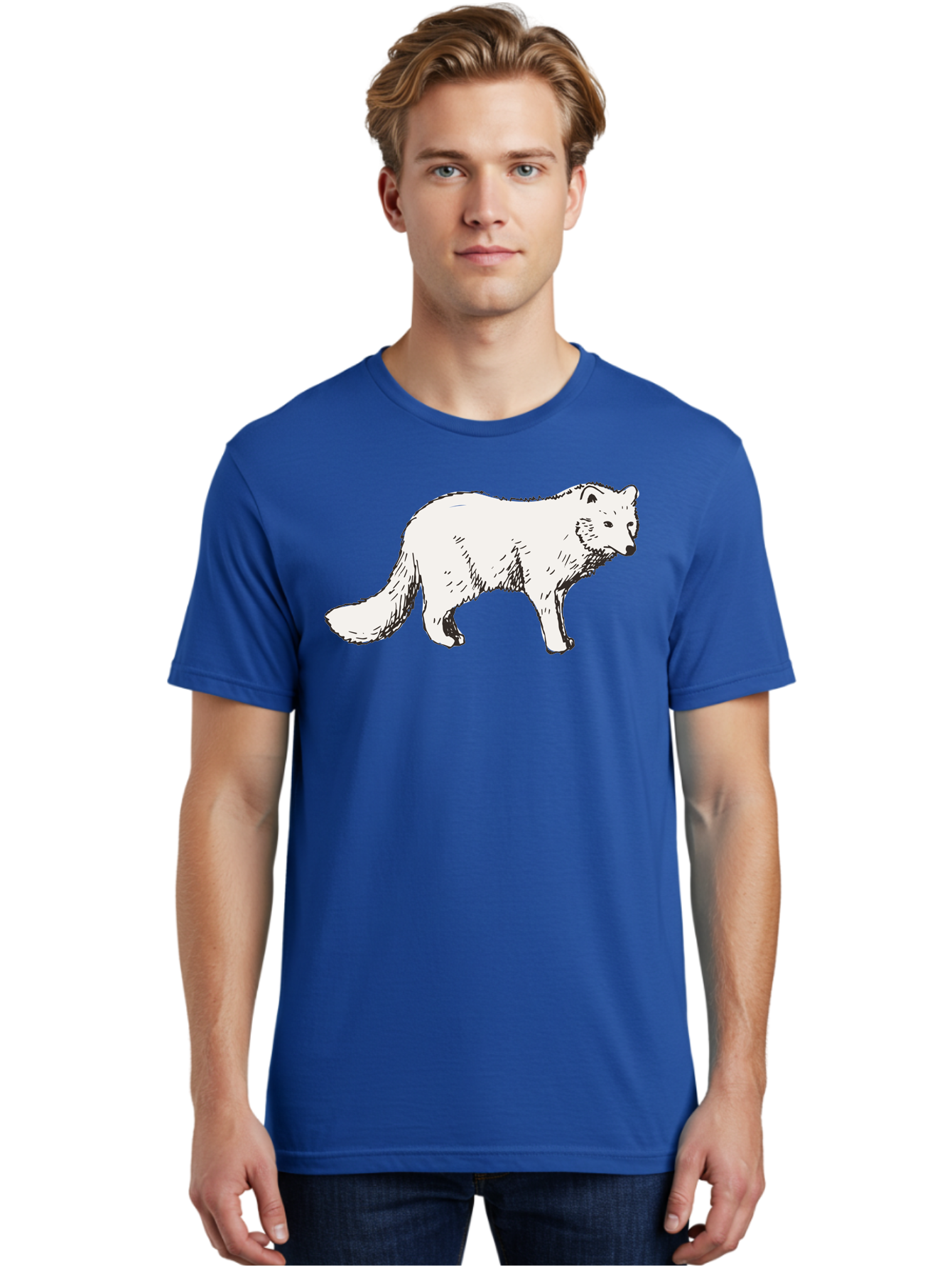 Arctic-Fox Men'S Graphic Tee, 100% Cotton, Comfortable Casual Summer Wear, Machine Washable, Arctic Fox, White Fur, Wild Animal, Wildlife Illustration, Cartoon Style, Simple Lines, Hand-Drawn, Furry Texture, Animal Portrait - Aaa741